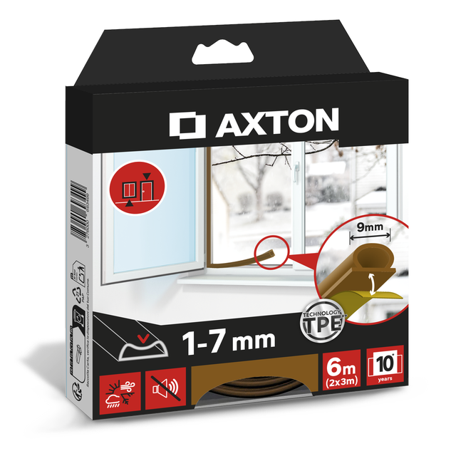 Burlete para ventanas y puertas AXTON adhesivo en color marrón,  9 mm de anchura x 6 m de longitud. Impide el paso del agua. Perfil junta O. Recortable. Tipo de instalación encolado.