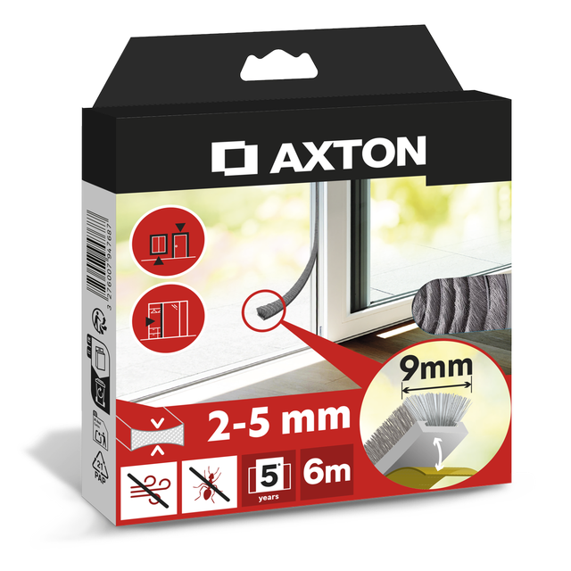 Burlete para ventanas y puertas/correderas AXTON adhesivo en color gris, 9 mm de anchura x 6 m de longitud. Perfil junta ranurado. Recortable. Tipo de instalación encolado. 