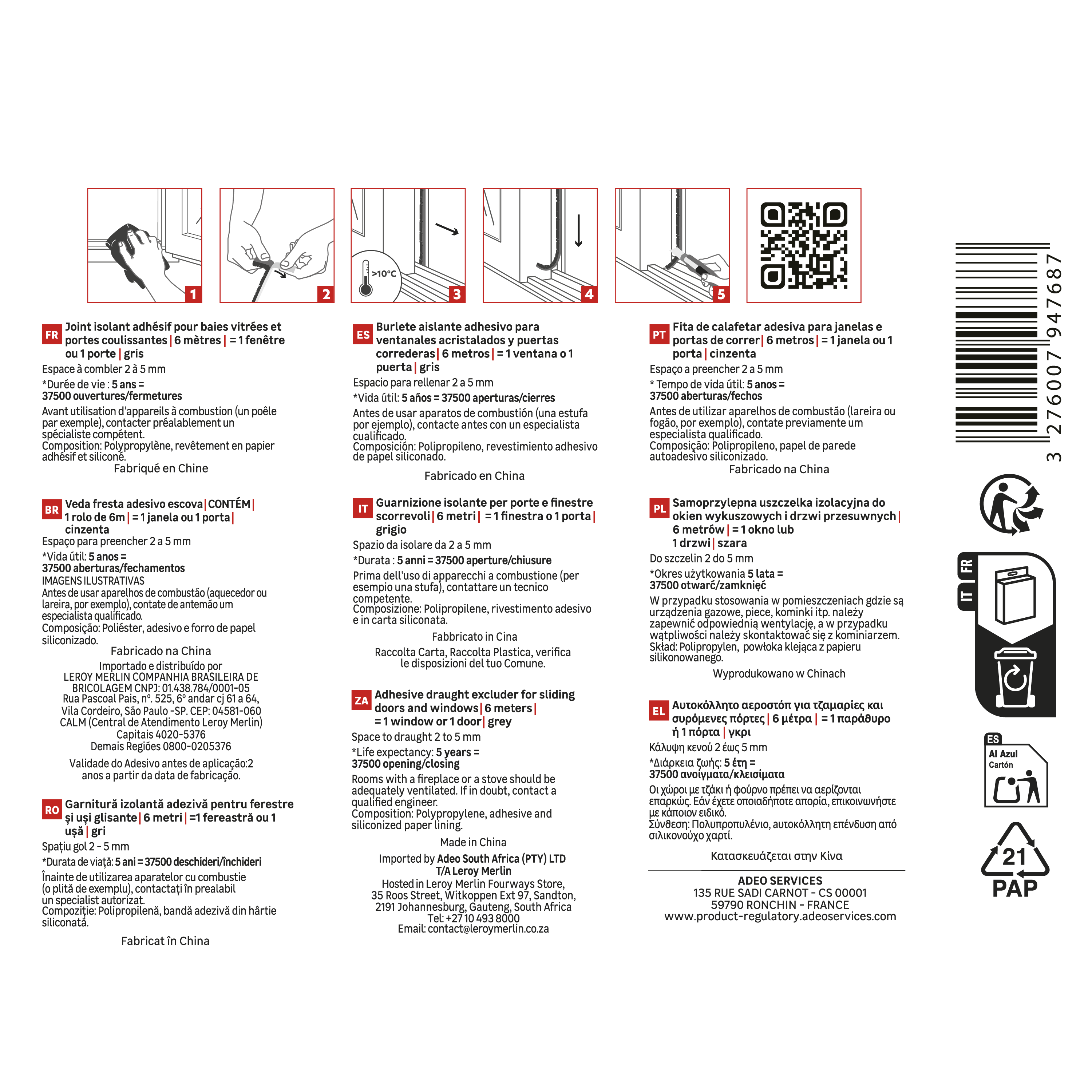 Burlete para ventanas y puertas/correderas AXTON adhesivo en color gris, 9 mm de anchura x 6 m de longitud. Perfil junta ranurado. Recortable. Tipo de instalación encolado.  - 4
