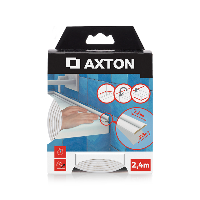 Cinta adhesiva de sellado para duchas y baños AXTON en color blanco, 22 mm de anchura x 2.4 m de longitud. Impide el paso del agua. Perfil junta D. Recortable. Tipo de instalación encolado.