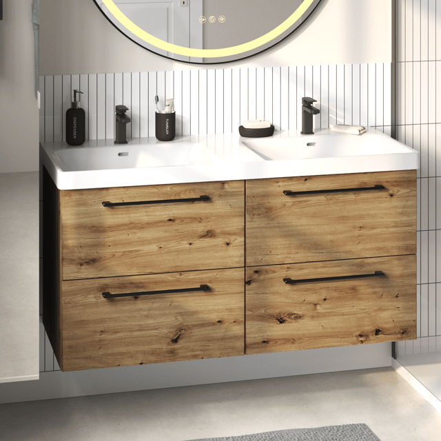 Meuble double vasque l.120 x H.58 x P.46 cm, effet chêne miel, Remix