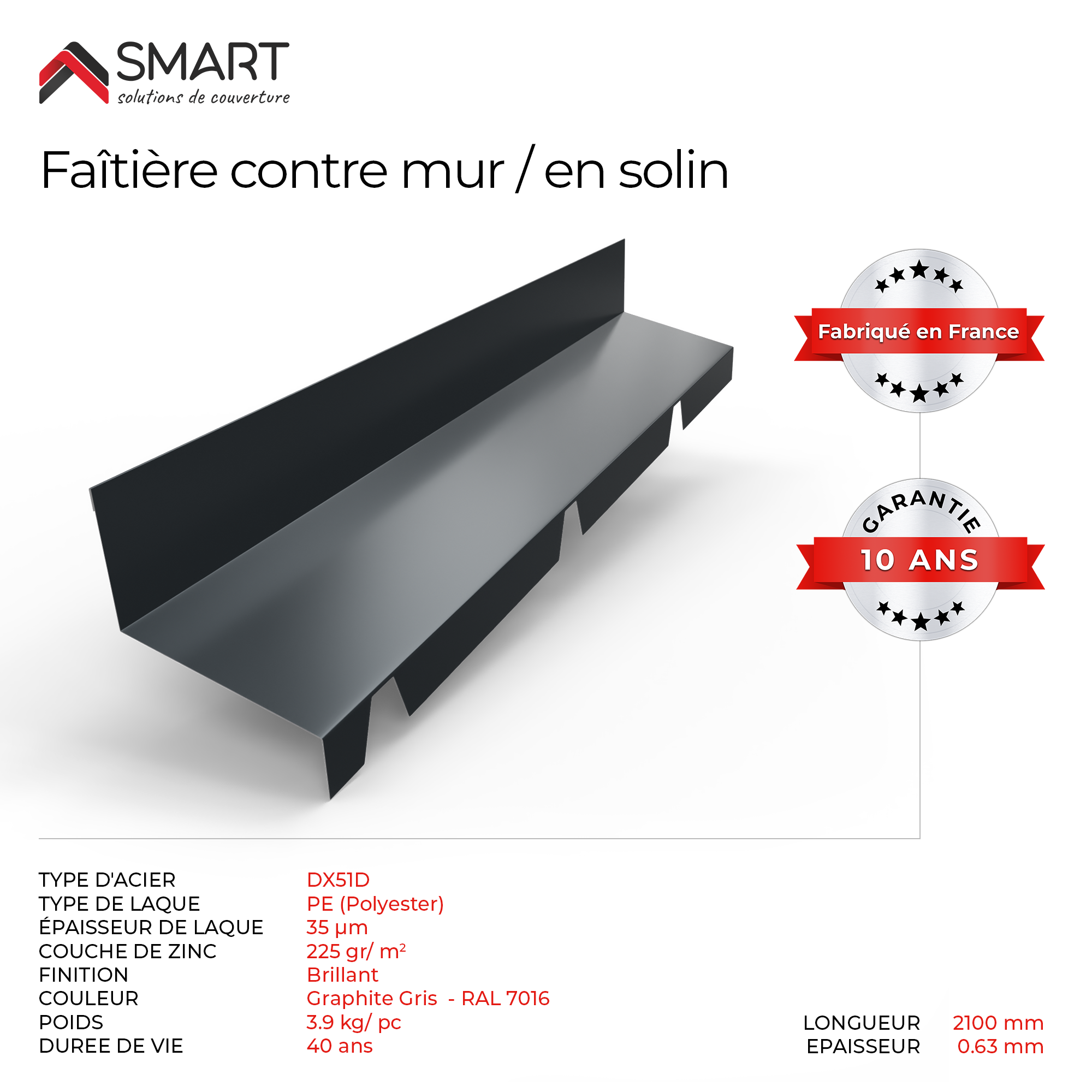 Faitière contre mur gris H45 L 2.1m Ep. 63/100 - 2