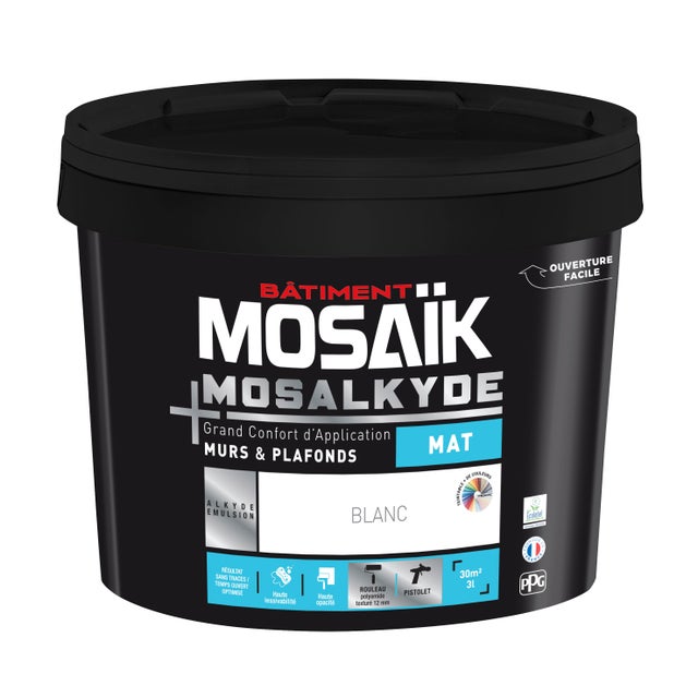 Peinture intérieure mur et plafond blanc mat alkyde 3 L - MOSAIK HPO
