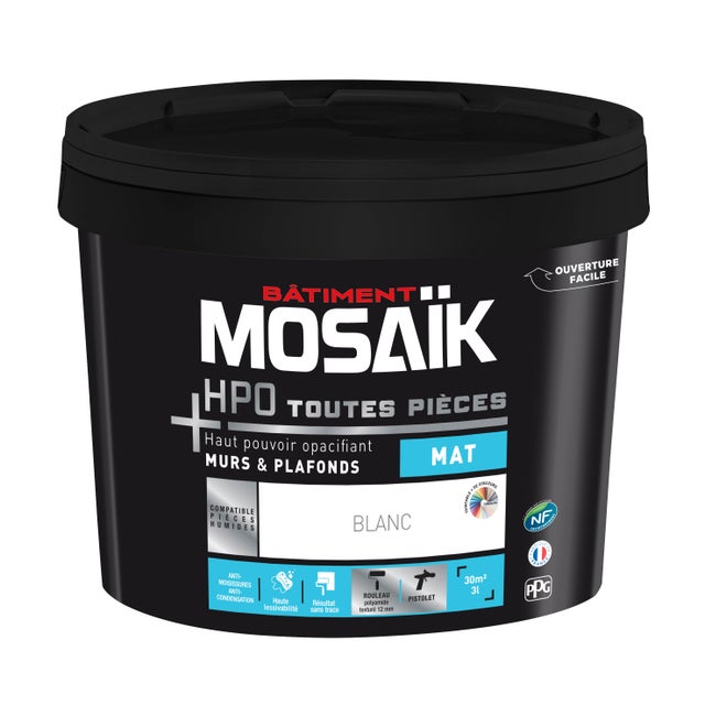 Peinture intérieure mur et plafond blanc mat pièce humide 3 L - MOSAIK HPO