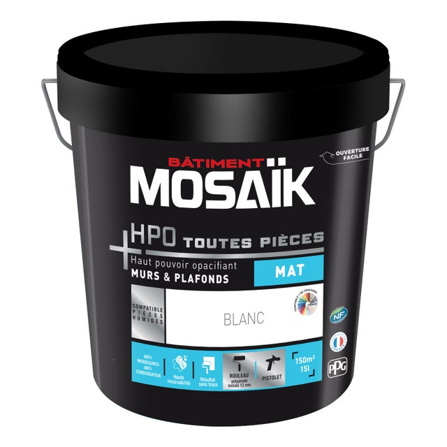 Peinture intérieure mur et plafond blanc mat pièce humide 15 L - MOSAIK HPO
