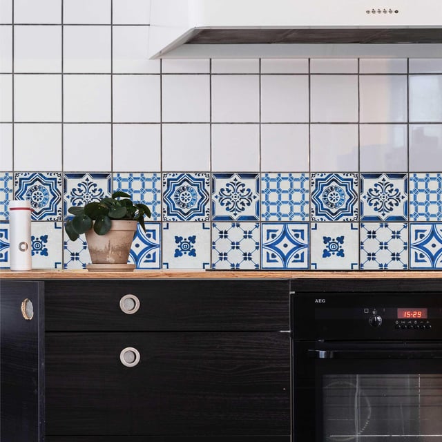 Lot de 6 stickers adhésif carrelage, lavable, carreaux de ciment, 15x15cm