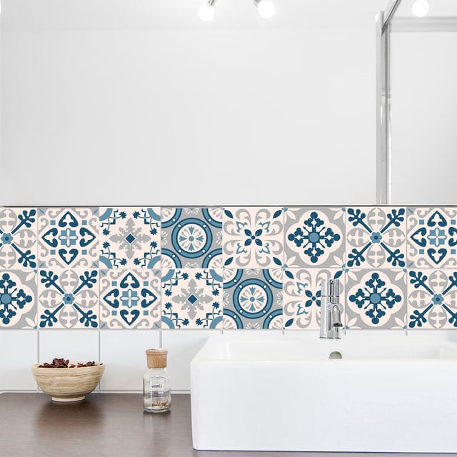 Lot de 6 stickers adhésif carrelage, lavable, carreaux de ciment,bleu/gris,15x15