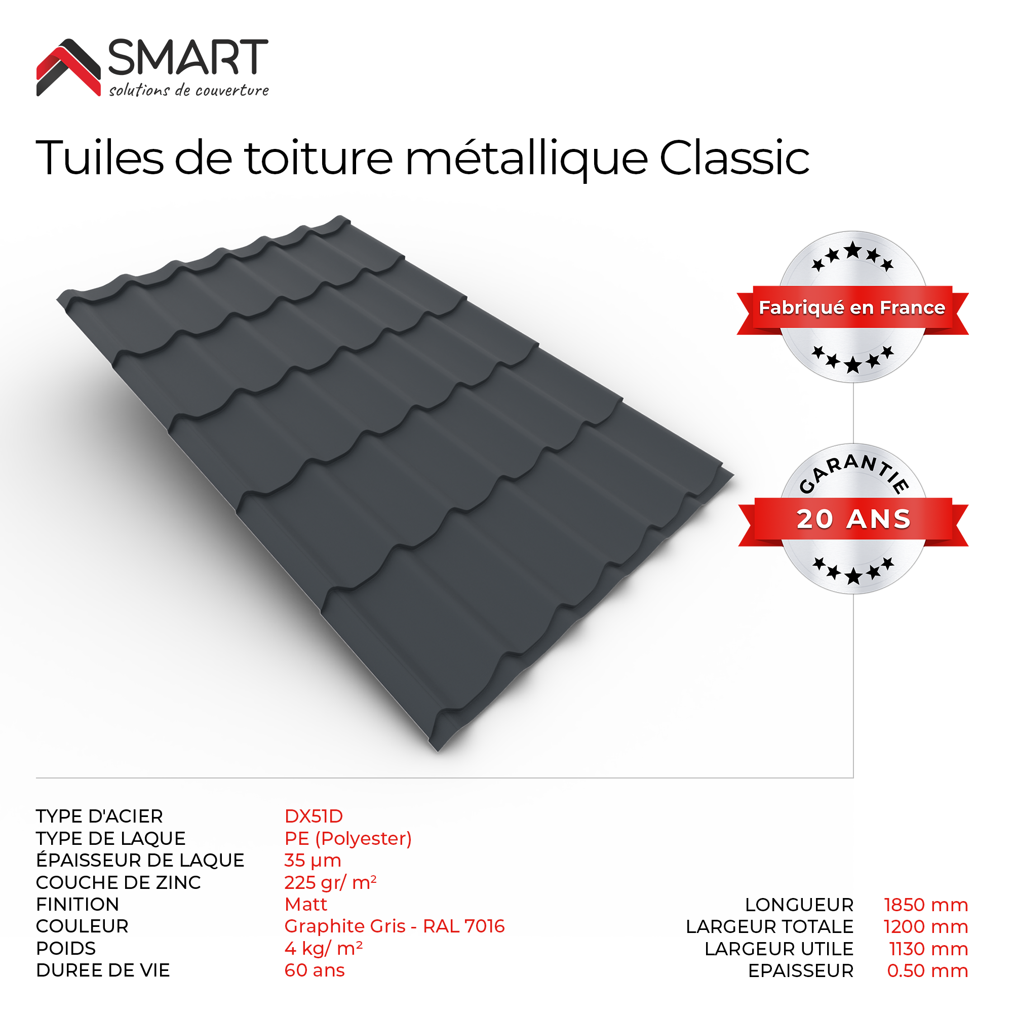 Plaque de couverture, aspect tuile anth SMART l.120 x L.185cm, H.37mm, Ep.0.5mm - 2