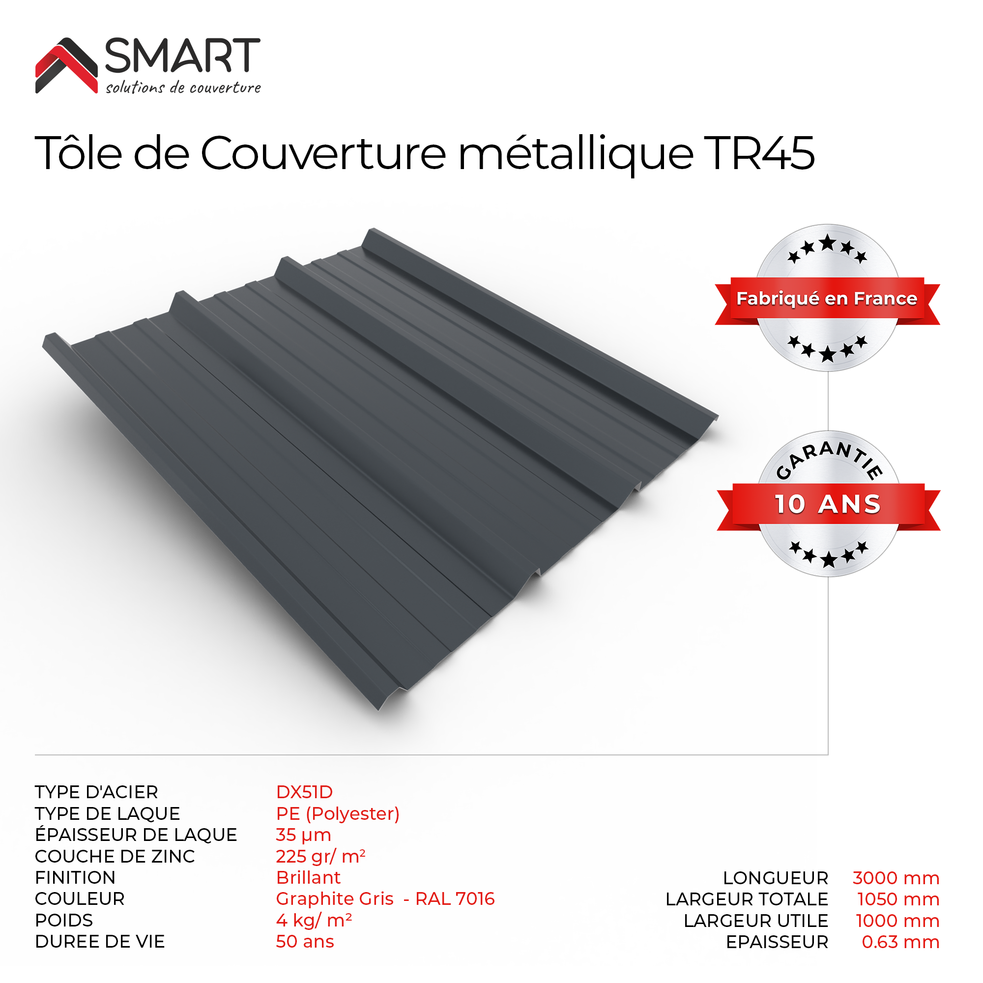 Plaque de couverture, nervuré , gris, l.105 x L.300 cm, H.45 mm, Ep.0.63 mm - 2