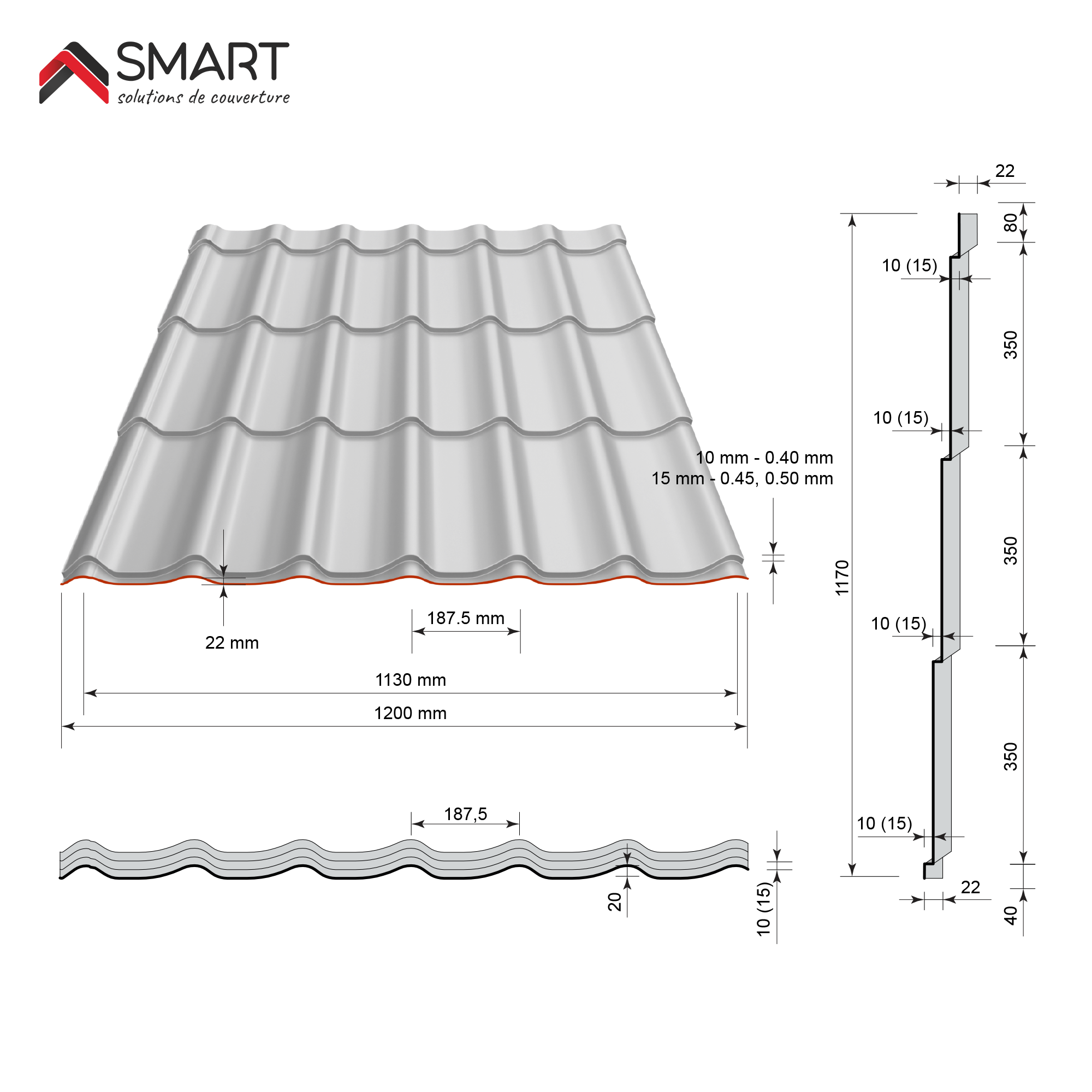 Plaque de couverture, aspect tuile anth SMART l.120 x L.185cm, H.37mm, Ep.0.5mm - 5