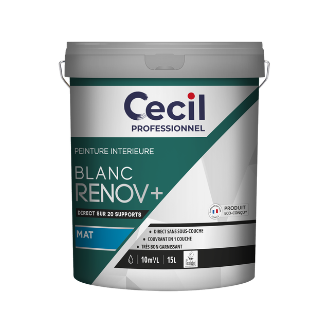 Peinture intérieure mur et plafond blanc mat Eco-conçu 15 L - CECIL PRO RENOV+