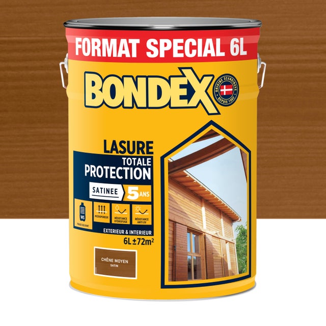 Lasure totale protection 5 ans chêne moyen satin solvantée 6 L - BONDEX