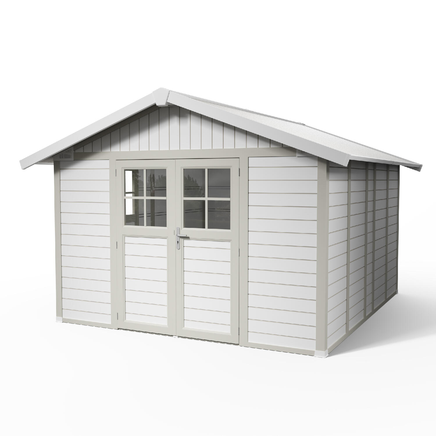 caseta de resina deco de 370x250x407 cm y 1121 m2 con 26 mm espesor y doble puerta abatible grosfillex
