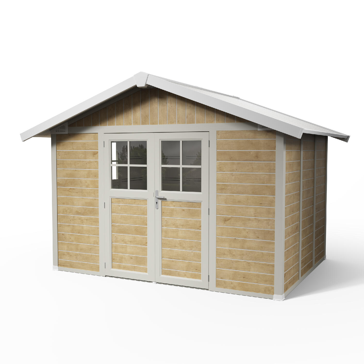 caseta de resina deco de 370x250x307 cm y 753 m2 con 26 mm espesor y doble puerta abatible grosfillex