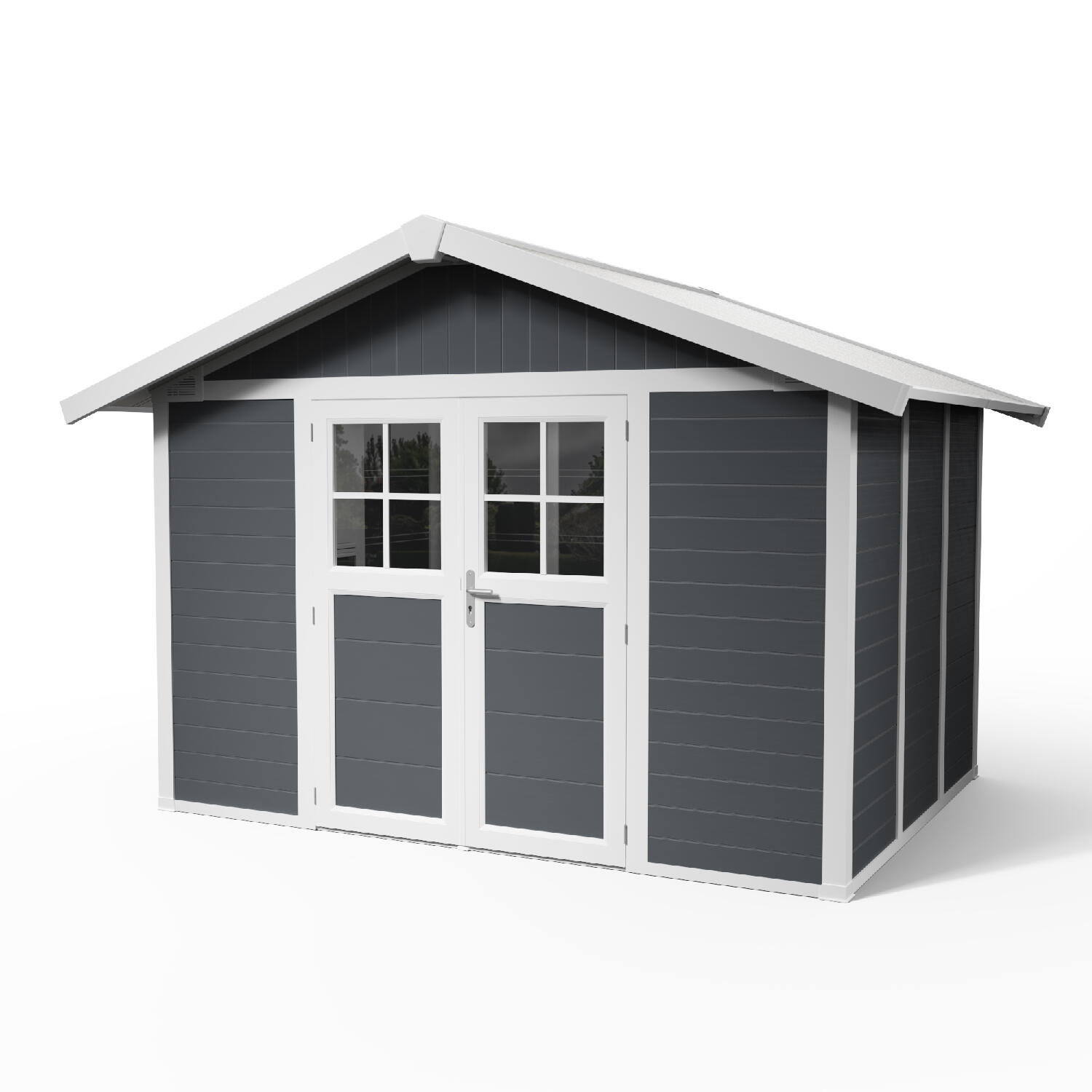 caseta de resina deco de 370x250x307 cm y 753 m2 con 26 mm espesor y doble puerta abatible grosfillex