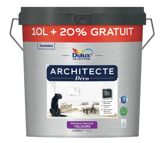 Peinture mur, plafond blanc velours DULUX VALENTINE Architecte déco 10L+20%grat