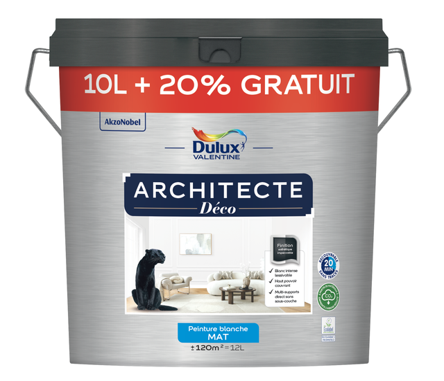 Peinture mur, plafond, blanc mat DULUX VALENTINE Architecte déco 10L+20% gratuit