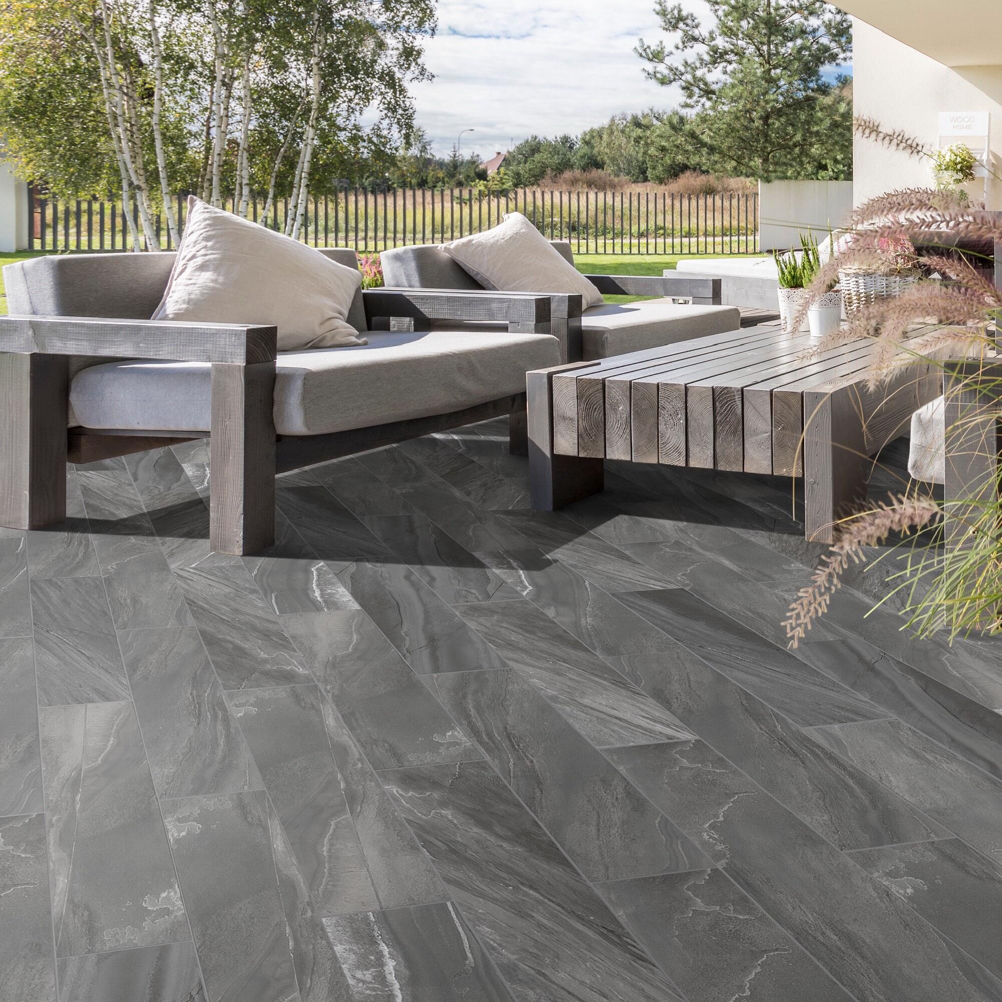 Gresie interior portelanata, 17 x 62 cm, Stone, aspect piatra naturala, antracit, mat