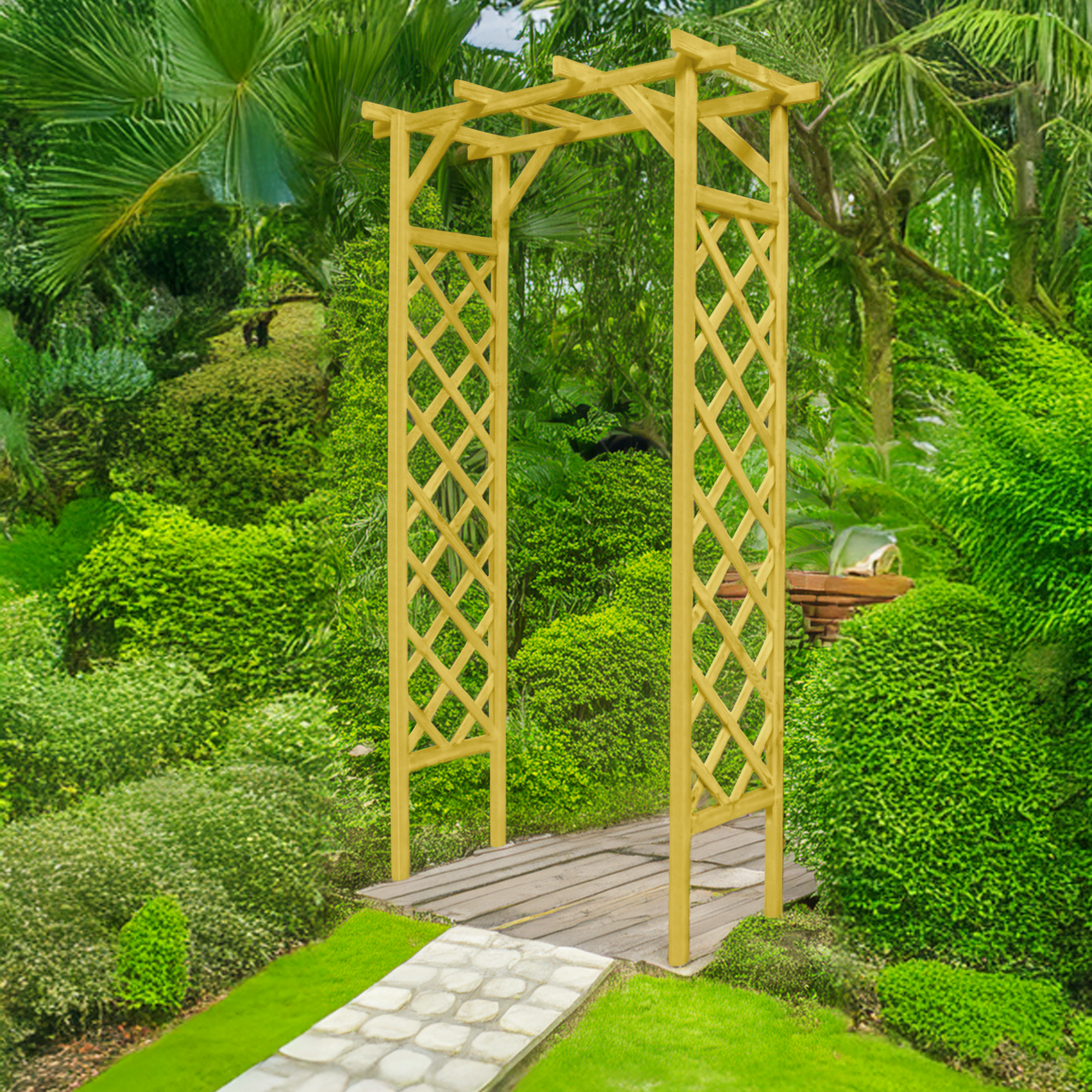 Pergola ogrodowa Stelmet w ogrodzie.