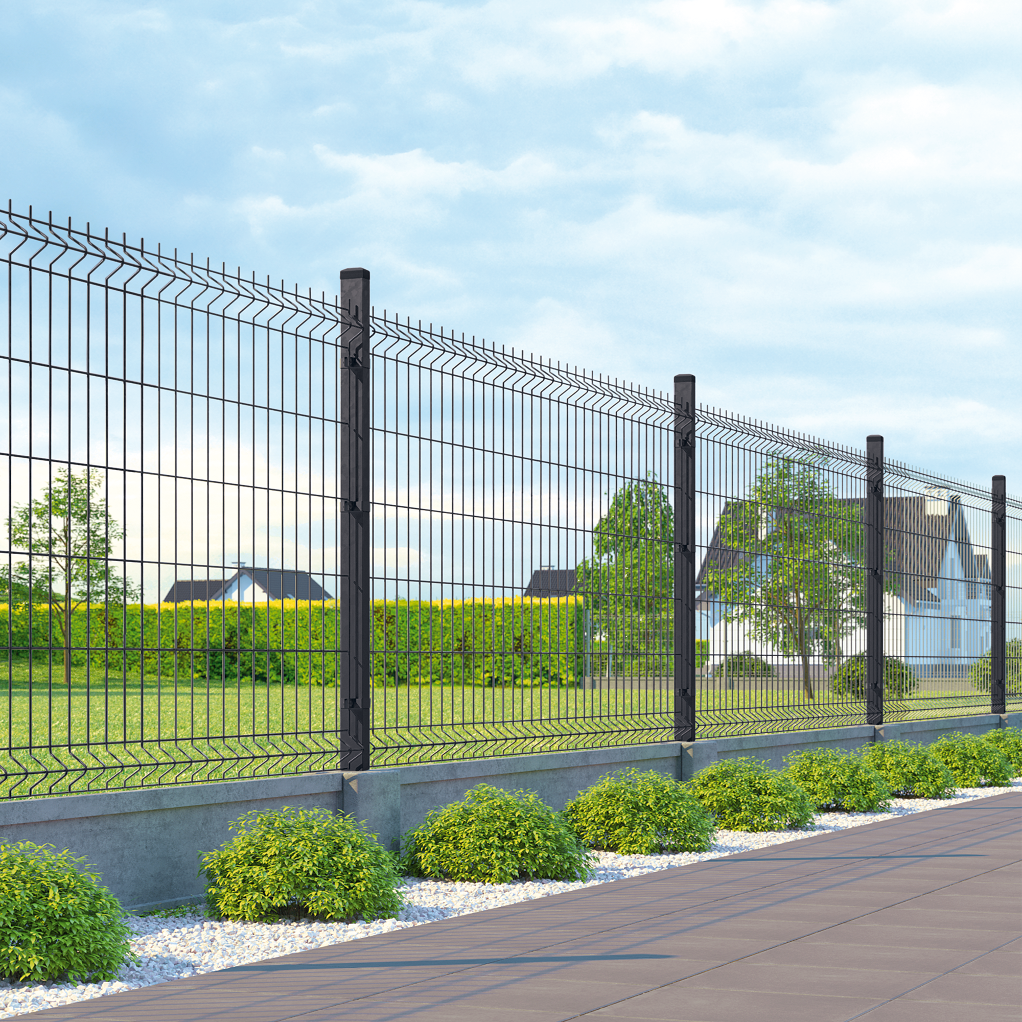 Panelowe ogrodzenie przy działce mieszkalnej.