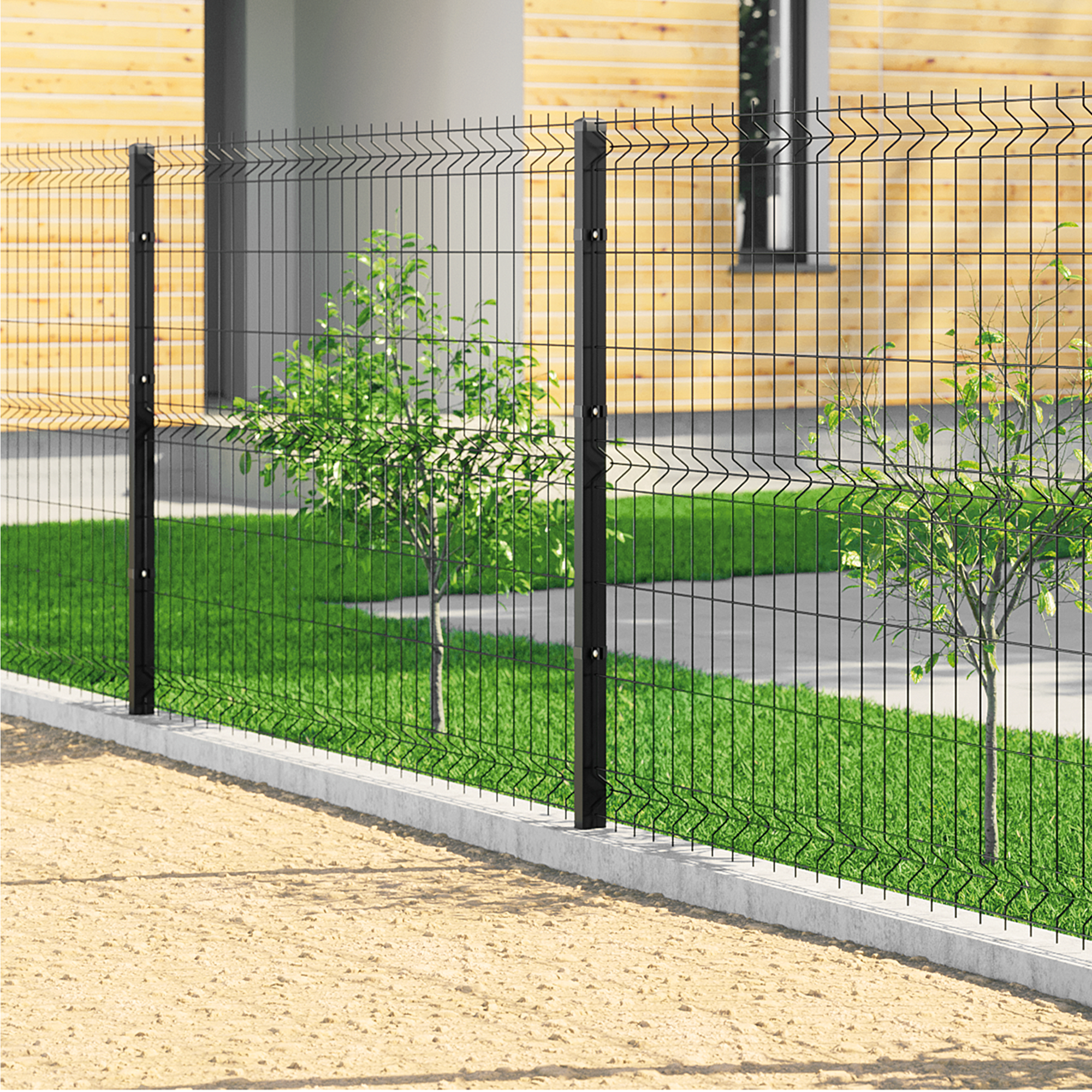 Panel ogrodzeniowy Wiśniowski wzdłuż trawnika przy domu.