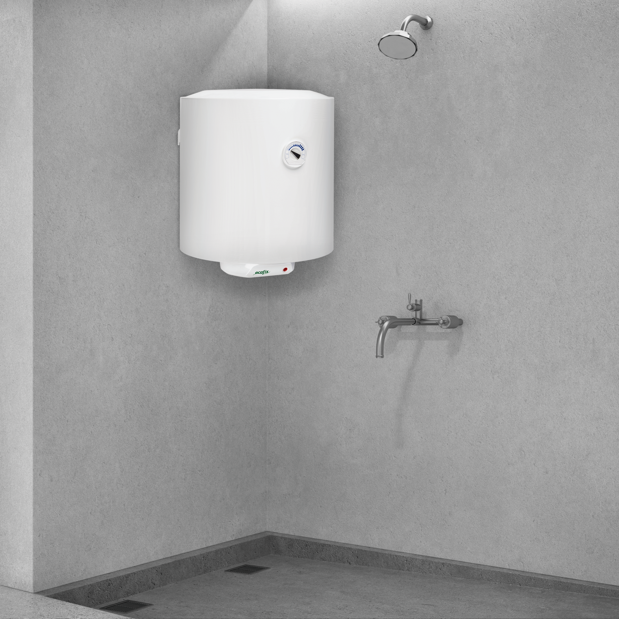 Elektryczny podgrzewacz wody Ariston Ecofix na ścianie łazienki.