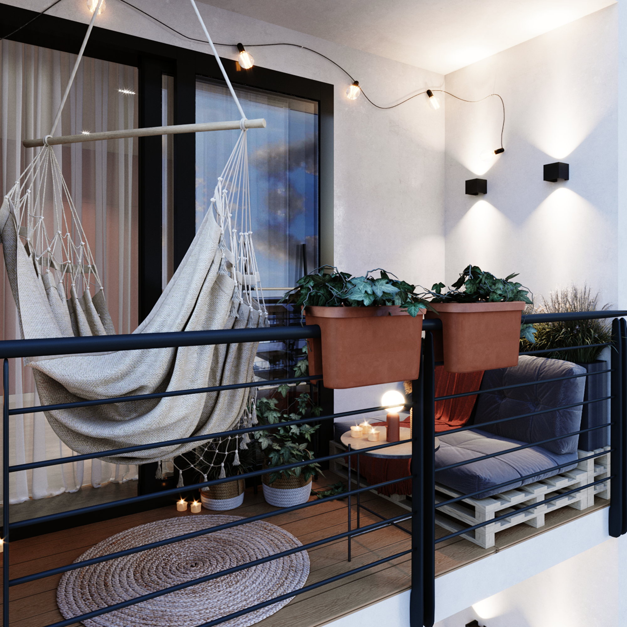 Szare poduszki Patio Termi na sofie z palet w aranżacji balkonowej.