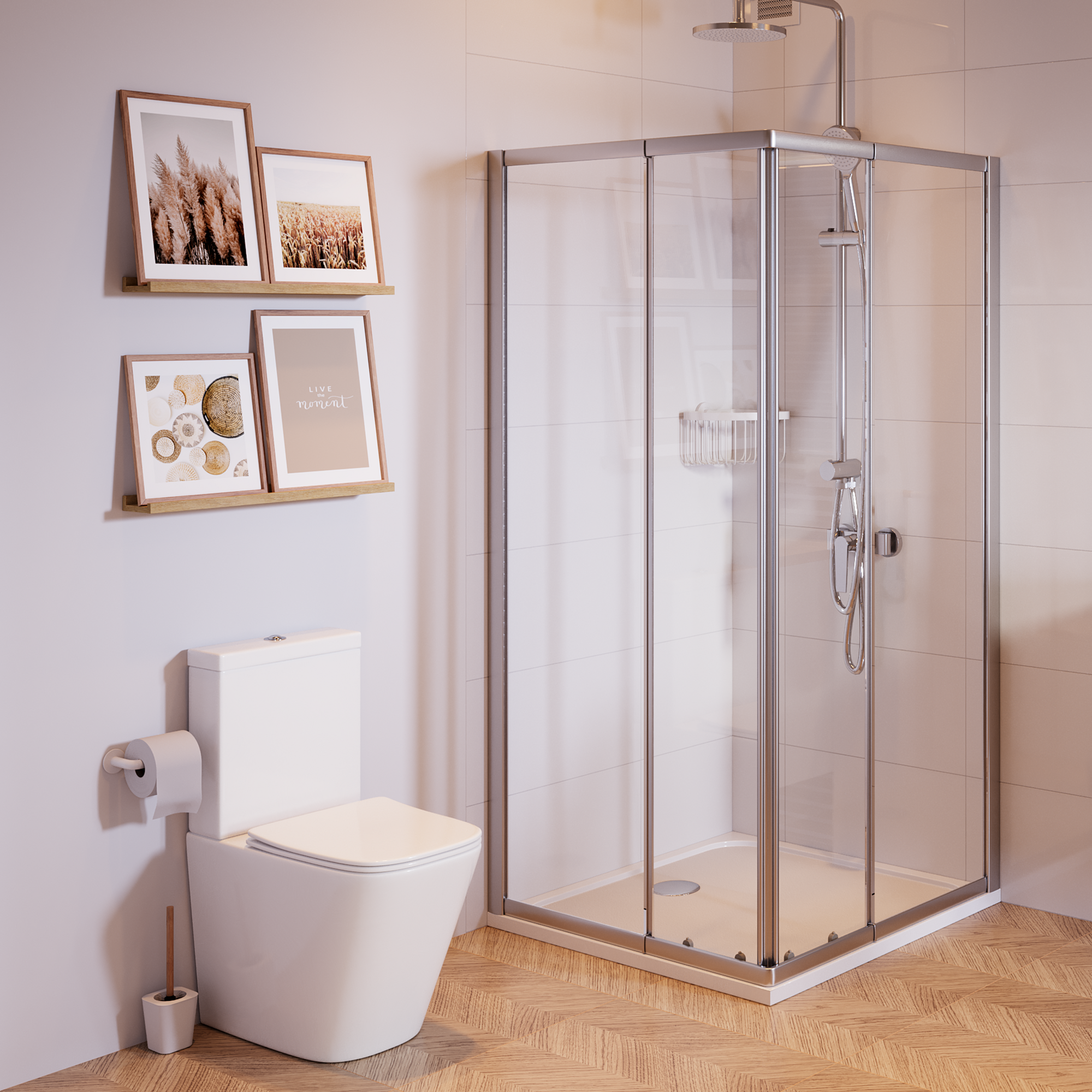 Glazura na ścianie przy kabinie prysznicowej.