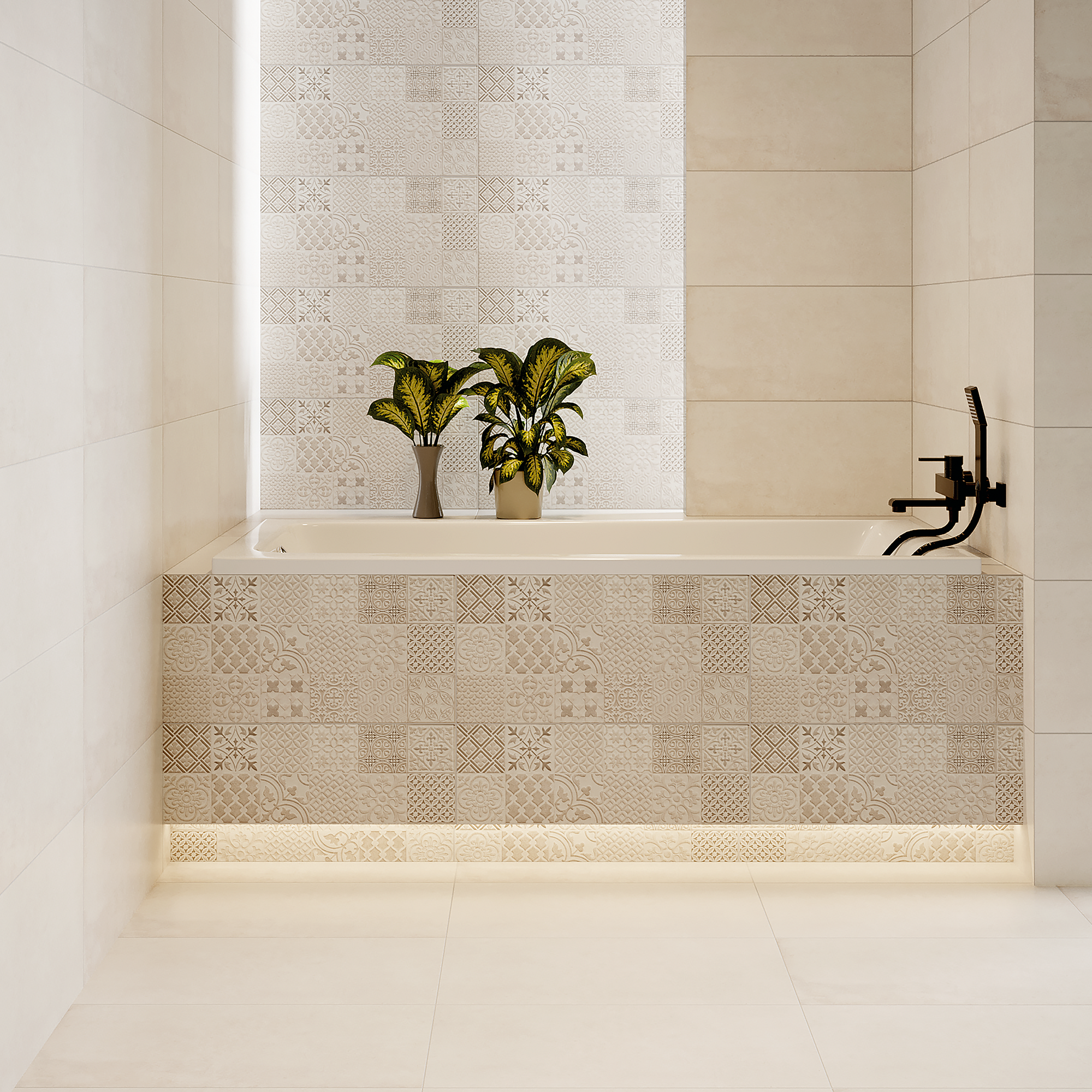 Glazura na ścianie w jasnej łazience.