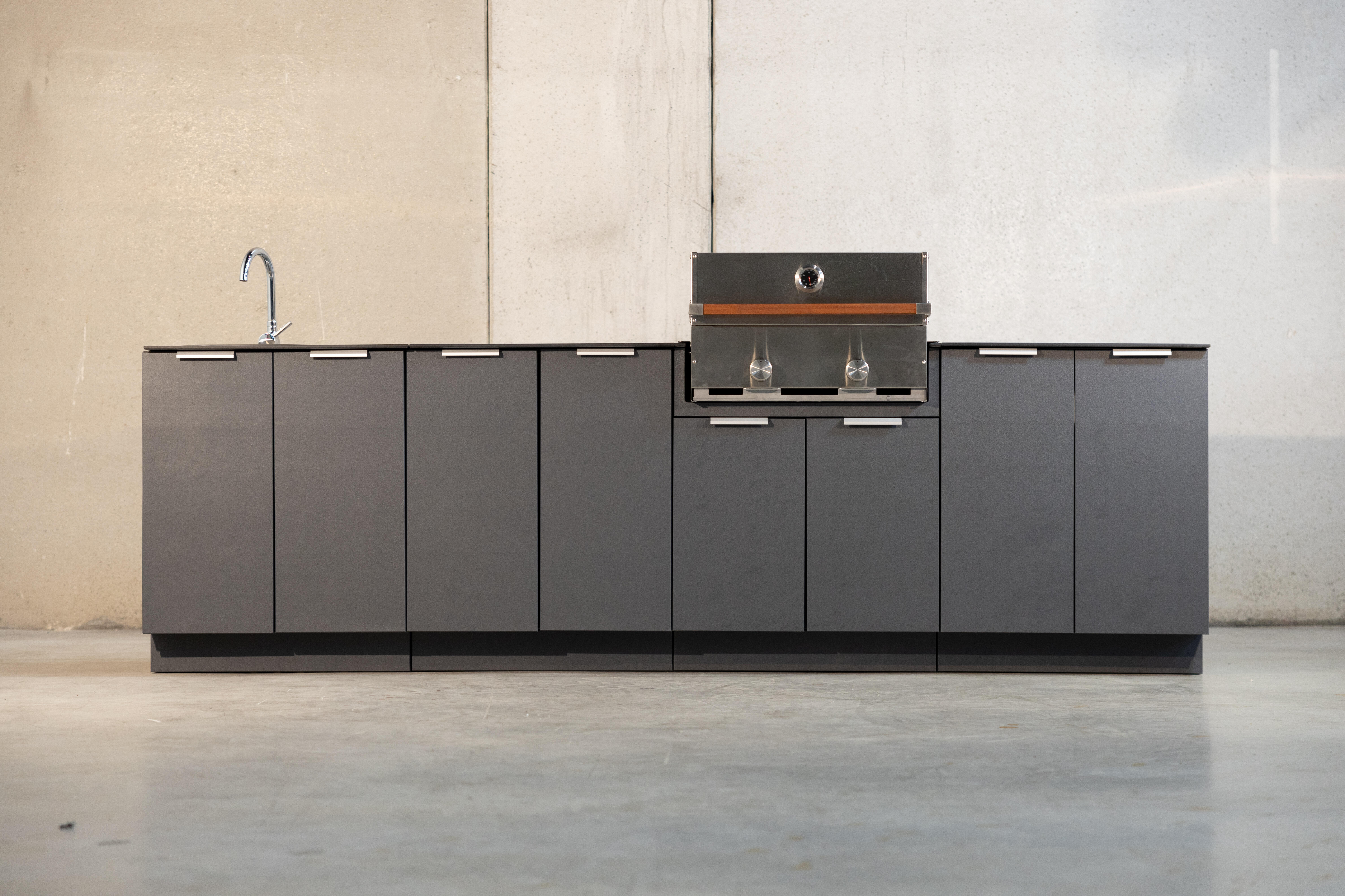 Cocina de exterior módulo de barbacoa, módulo de gas, módulo de fregadero y módulo cajonera de 288x115 cm