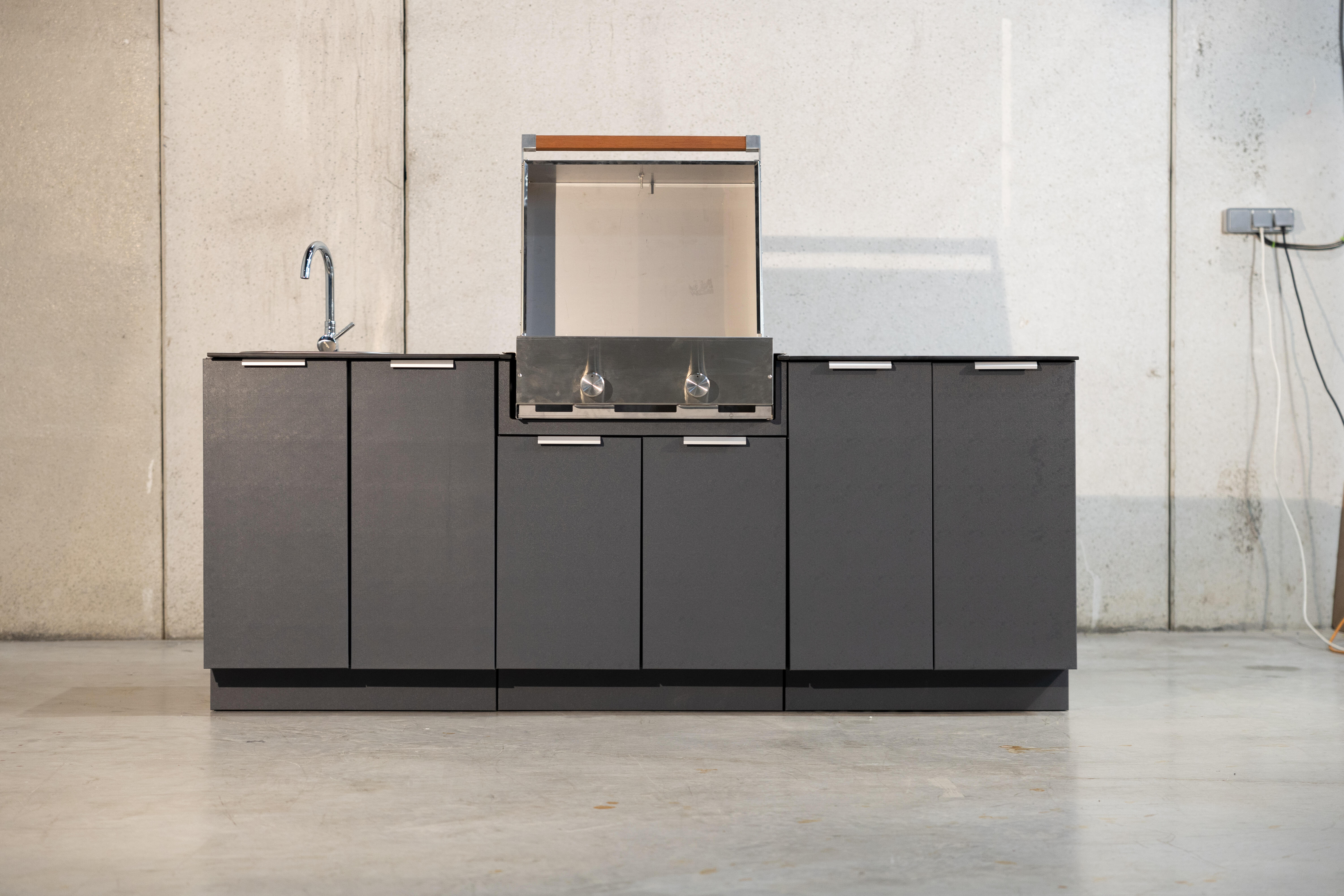 Cocina de exterior módulo de barbacoa, módulo de gas y módulo de dos cajones 218x115x cm