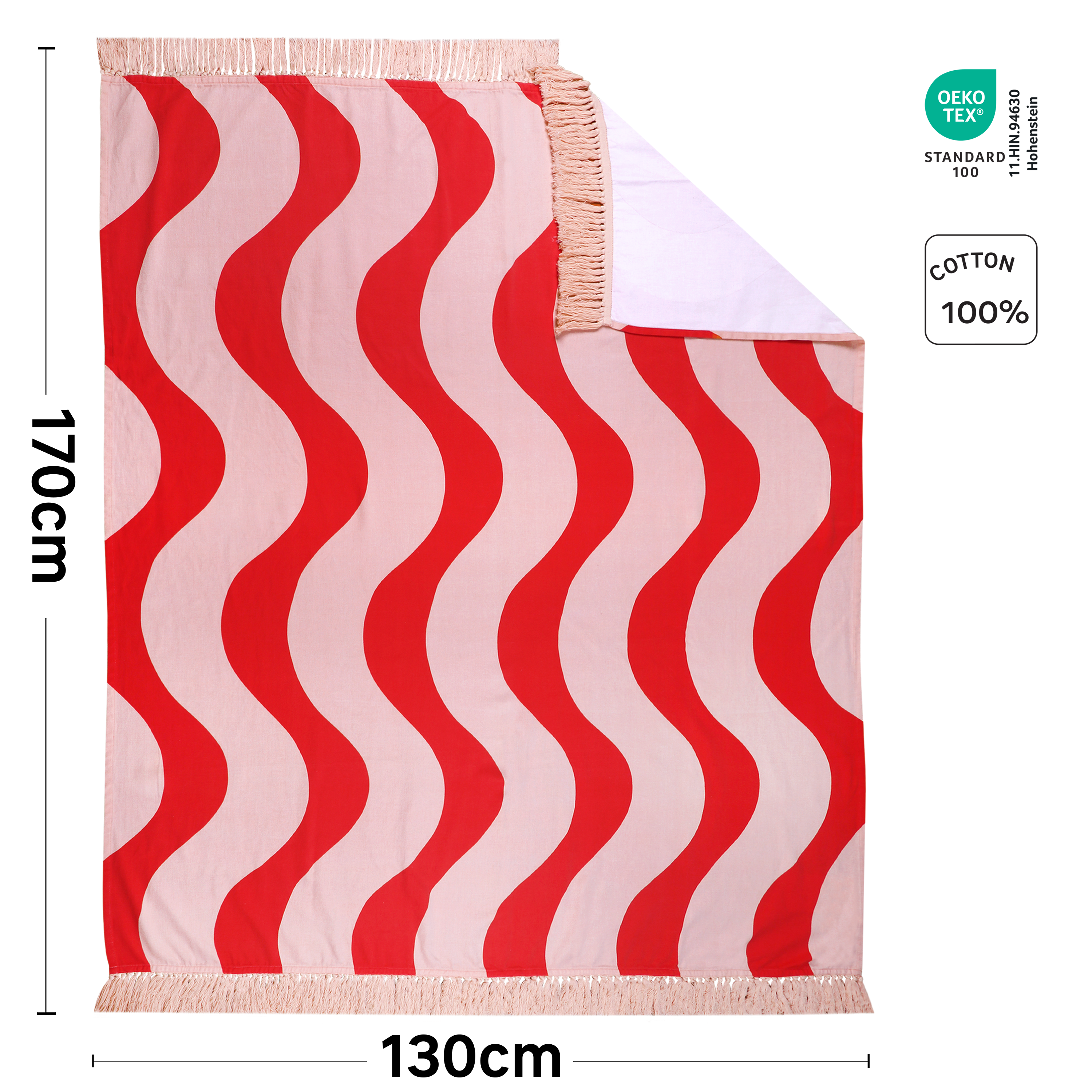 Pled z frędzlami Cabin 130 x 170 cm czerwono-różowy w pasy Inspire - 19