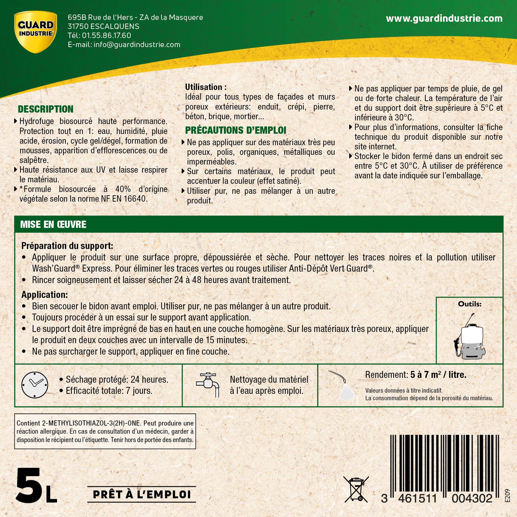 Imperméabilisant Hydorfuge façade GUARD INDUSTRIE 5L - 5