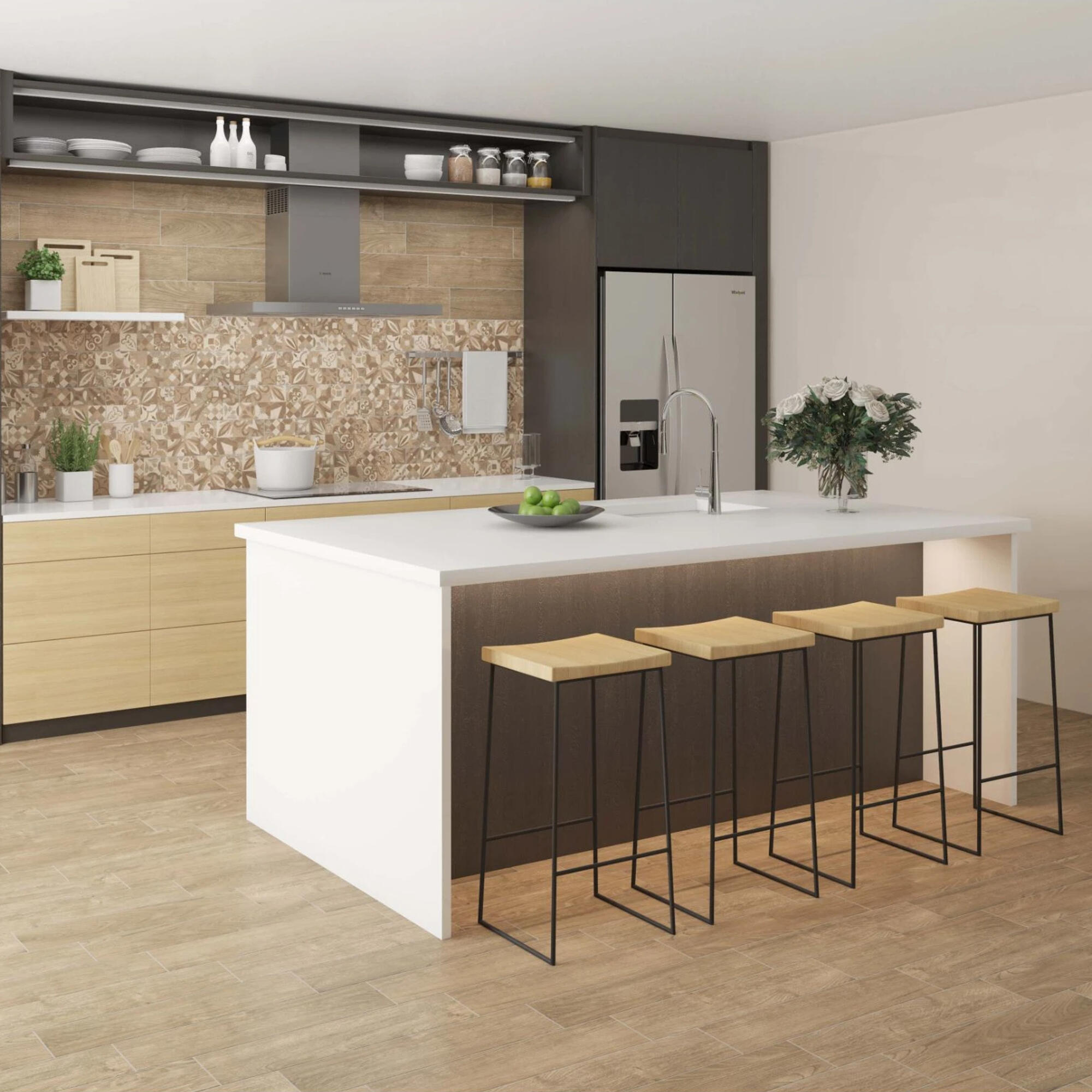 Gresie interior, portelanata, 15.5 x 60.5 cm, Alpino, tip parchet, bej, finisaj mat