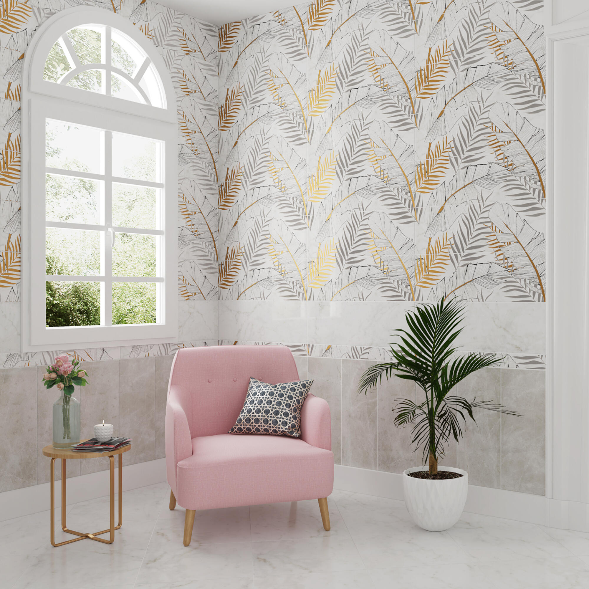 Decor faianta 25.5 x 75.5 cm, Bianco Leaves, alb, set 2 placi 2buc