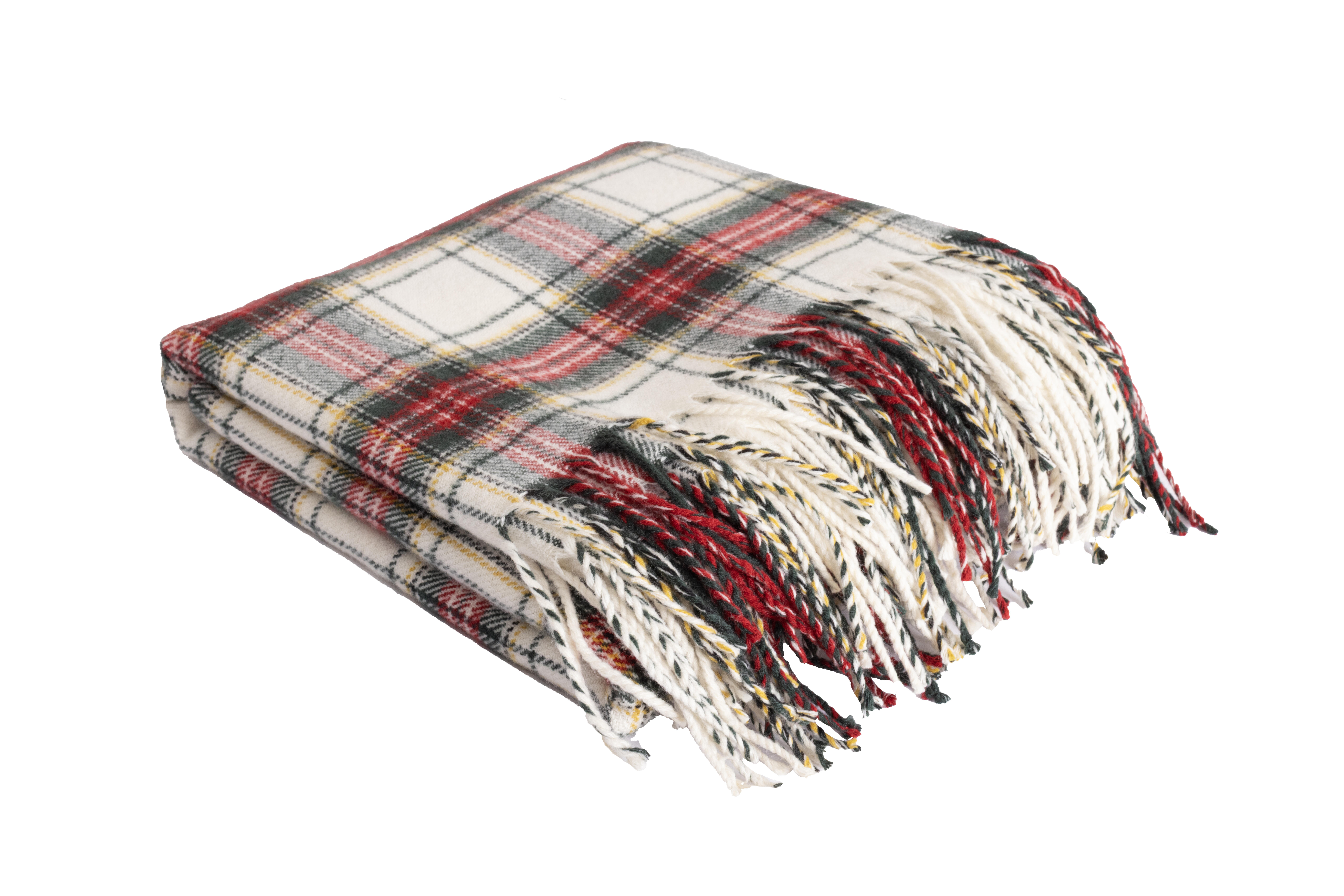 Manta franela Cuadro escocés acrílico tartán beige, rojo y verde con flecos 130x170 cm - 2
