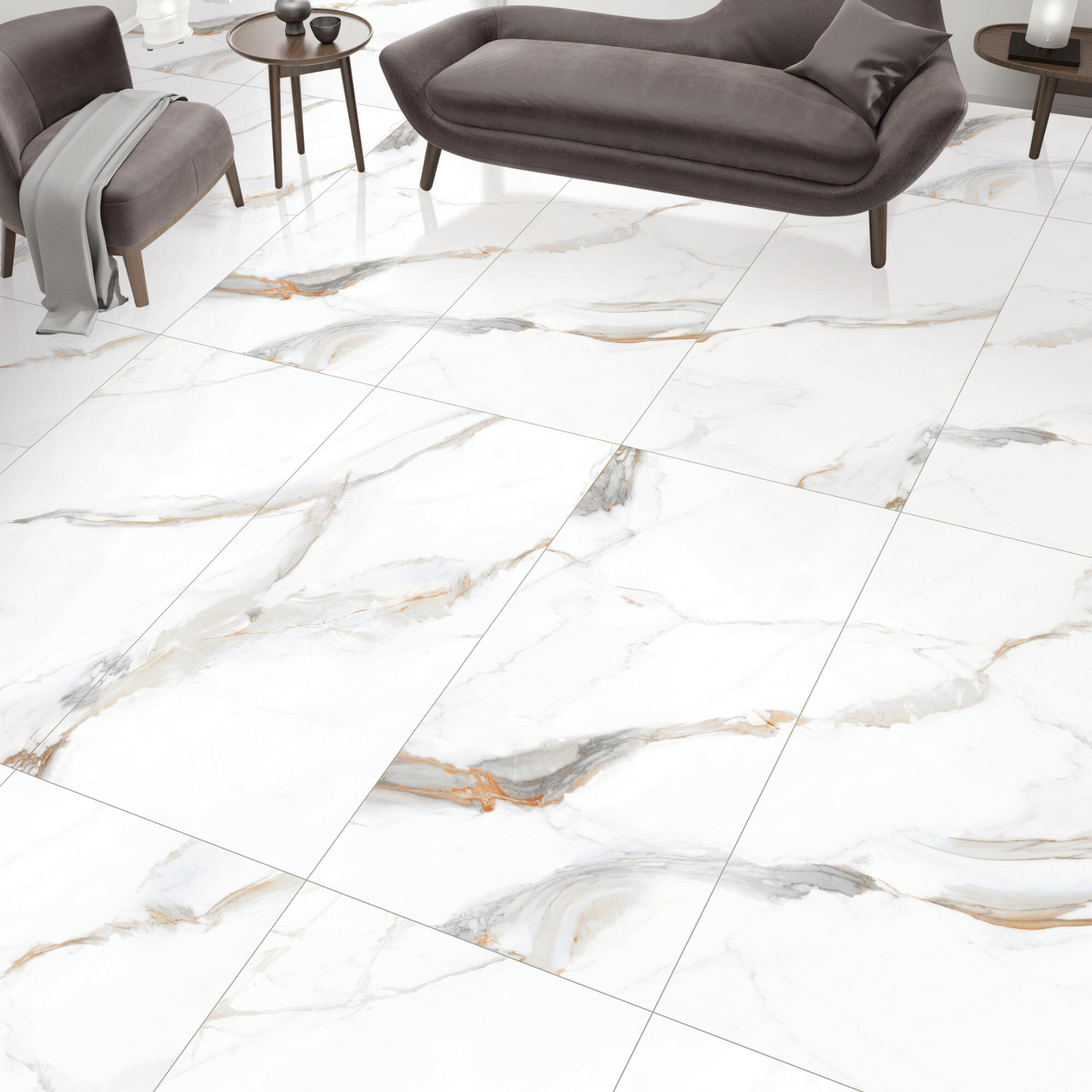 Gresie interior portelanata 60 x 120 cm, Deston Gold, aspect marmura, alb, lucios, rectificata