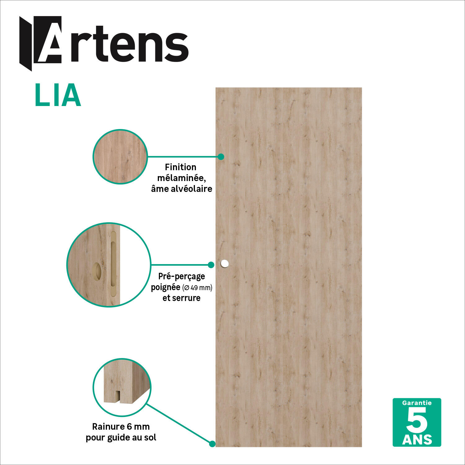 Porte coulissante Lia chêne authentique prépercé, H.204 x l.83 cm ARTENS - 4