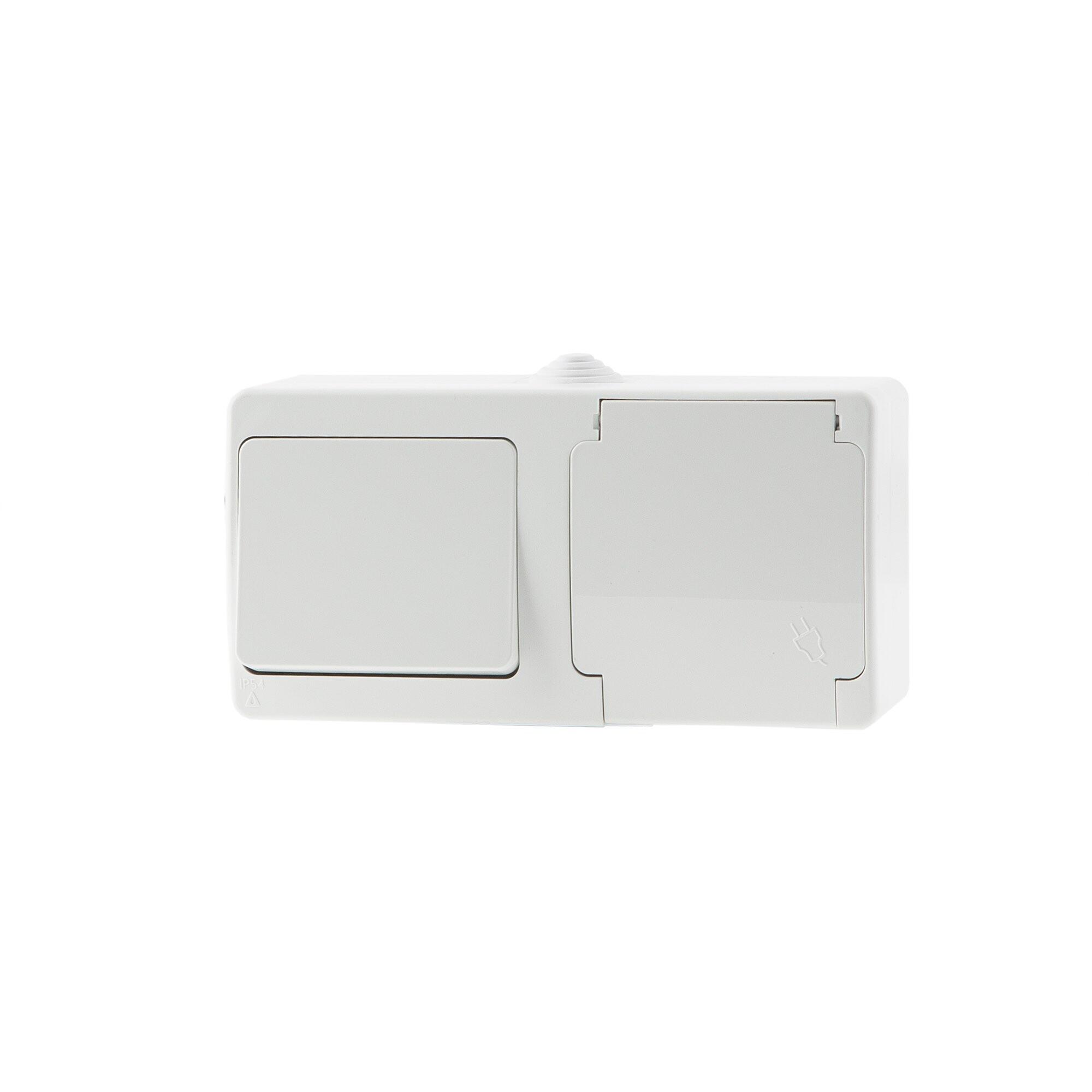 Intrerupator simplu si priza schuko simpla Gunsan Nemliyer, etans, montaj aplicat, exterior, IP54, alb