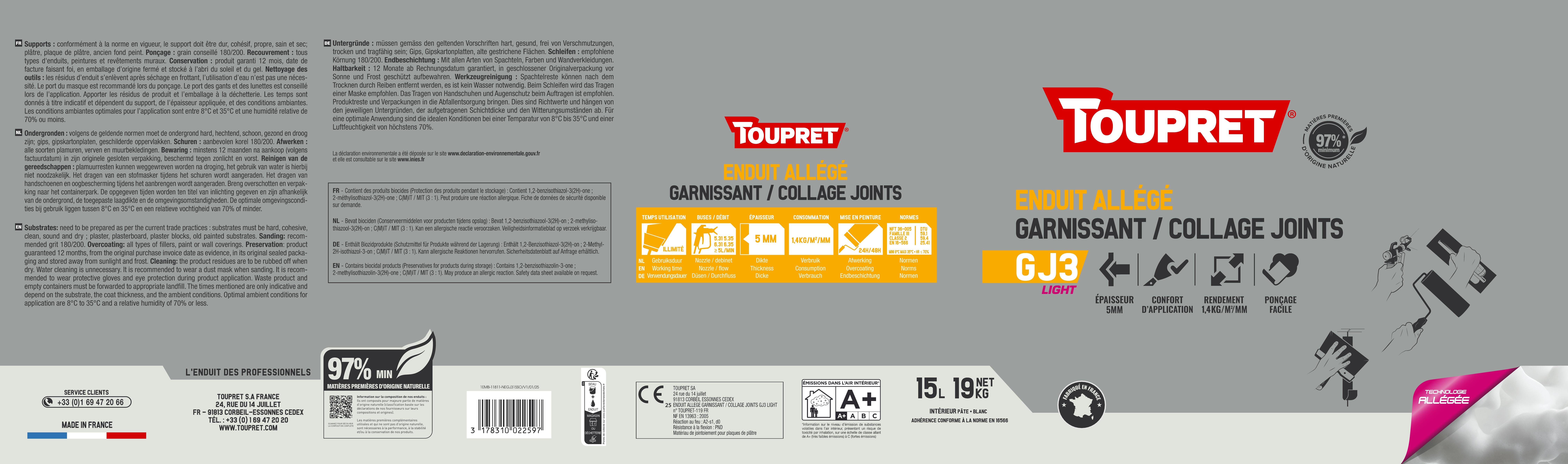 Enduit multi-usage 3en1 en pâte allégé intérieur 19 kg - GJ3LIGHT TOUPRET - 2