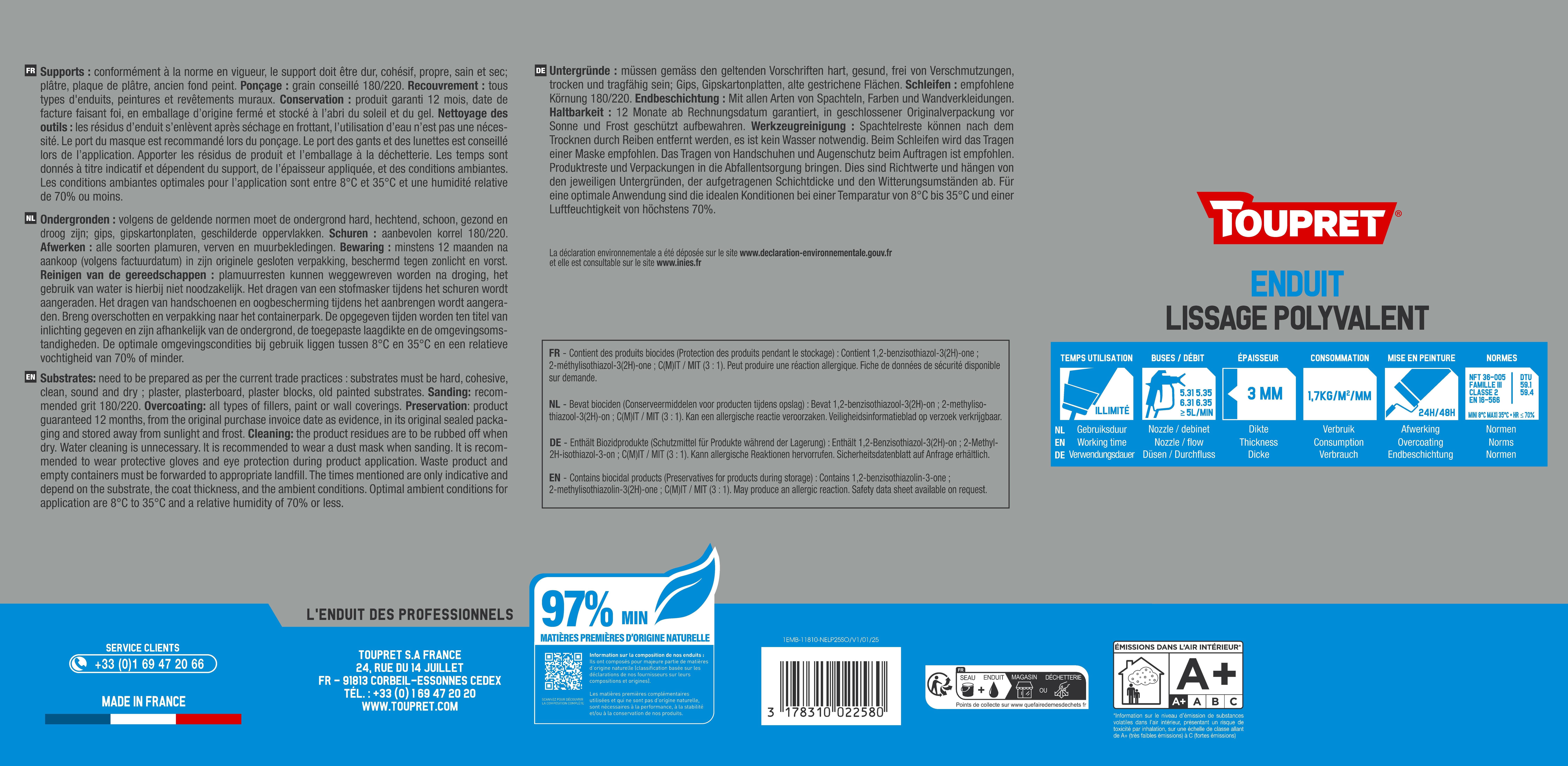 Enduit de lissage en pâte polyvalent intérieur 25 kg - LP+ TOUPRET - 2