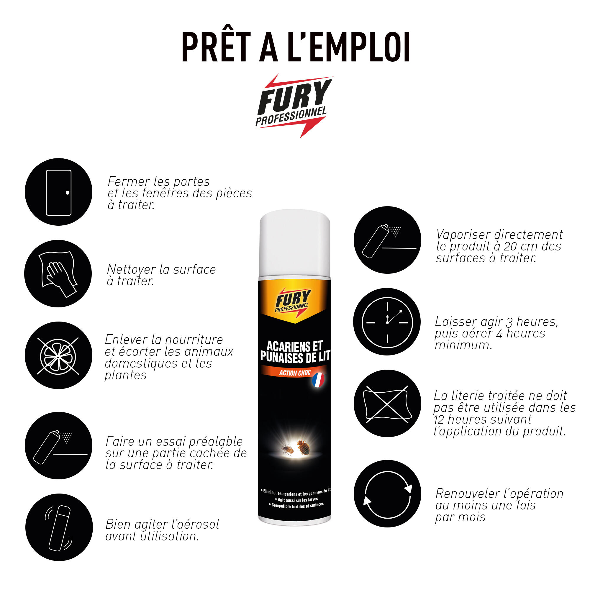 Insecticide aérosol acariens et punaises de lit, Action choc FURY, 500ml - 3