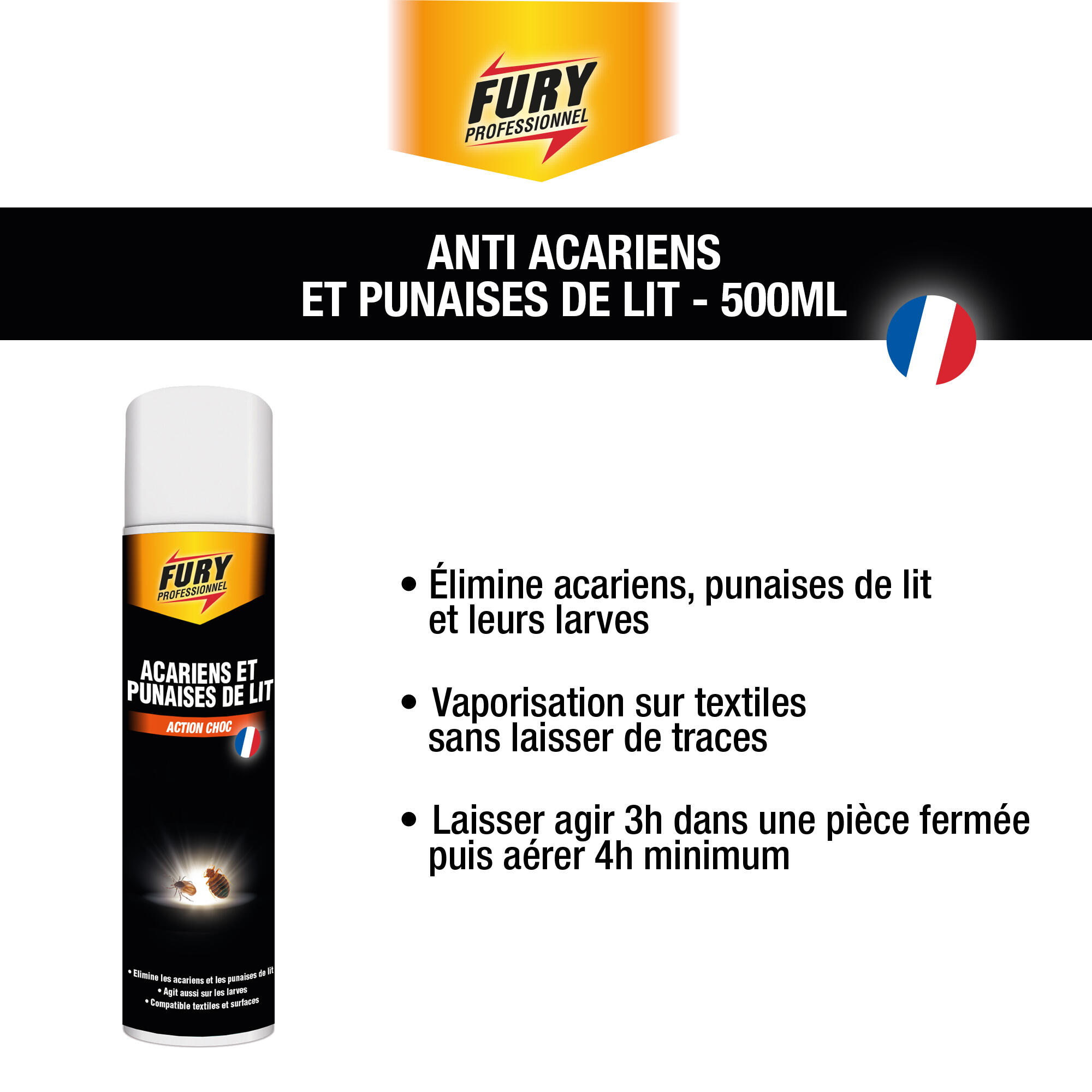 Insecticide aérosol acariens et punaises de lit, Action choc FURY, 500ml - 2