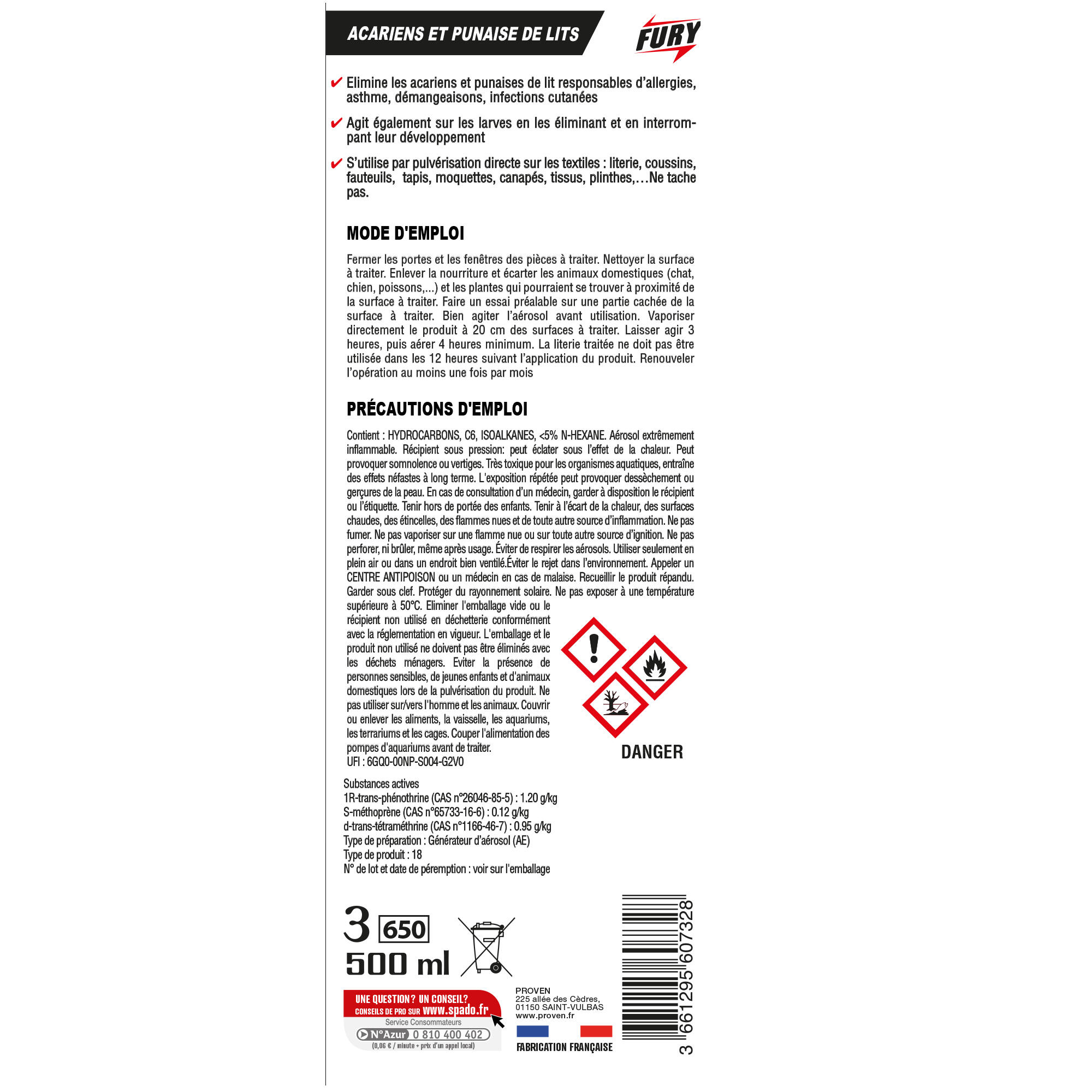 Insecticide aérosol acariens et punaises de lit, Action choc FURY, 500ml - 5