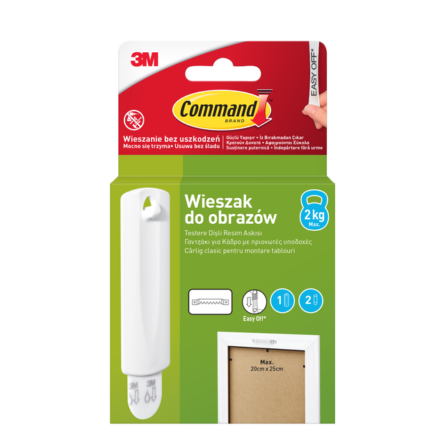Haczyk samoprzylepny wieszak do obrazów max. 25x76 mm 2 kg 1 sztuka plus 2 paski COMMAND