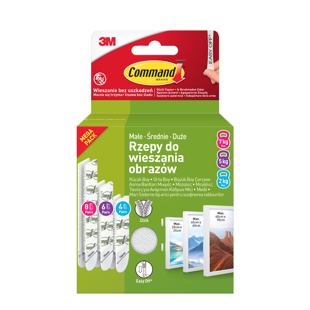 Rzepy do wieszania obrazów 20x25 cm 2 kg 4 sztuki, 45x60 cm 5 kg 6 sztuk, 60x90 cm 7 kg 8 sztuk