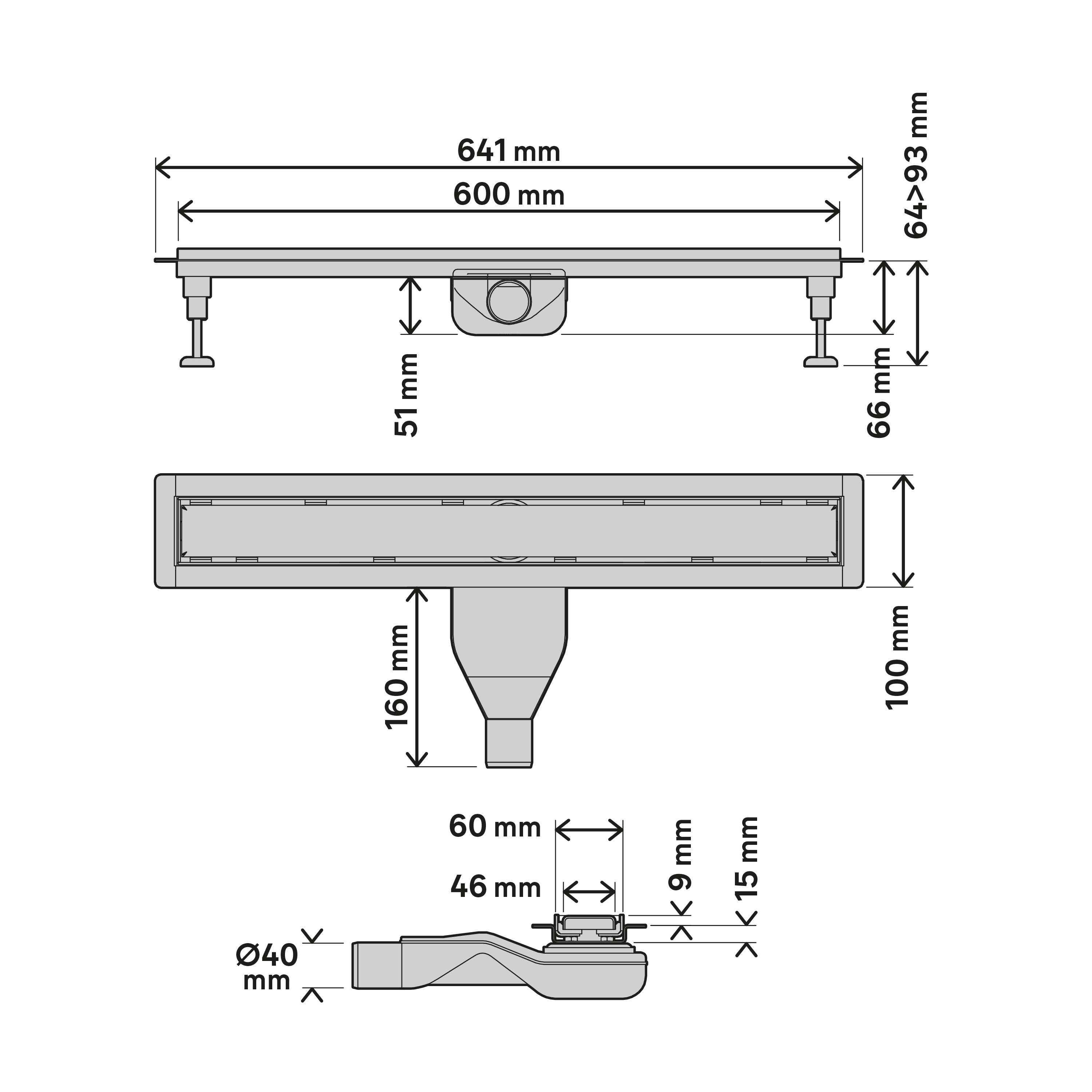 Calha duche Italiano EQUATION inox retangular 600 mm preto - 8
