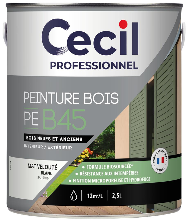 Peinture bois intérieur extérieur blanc RAL 9016 mat velouté 2,5 L - CECIL PRO