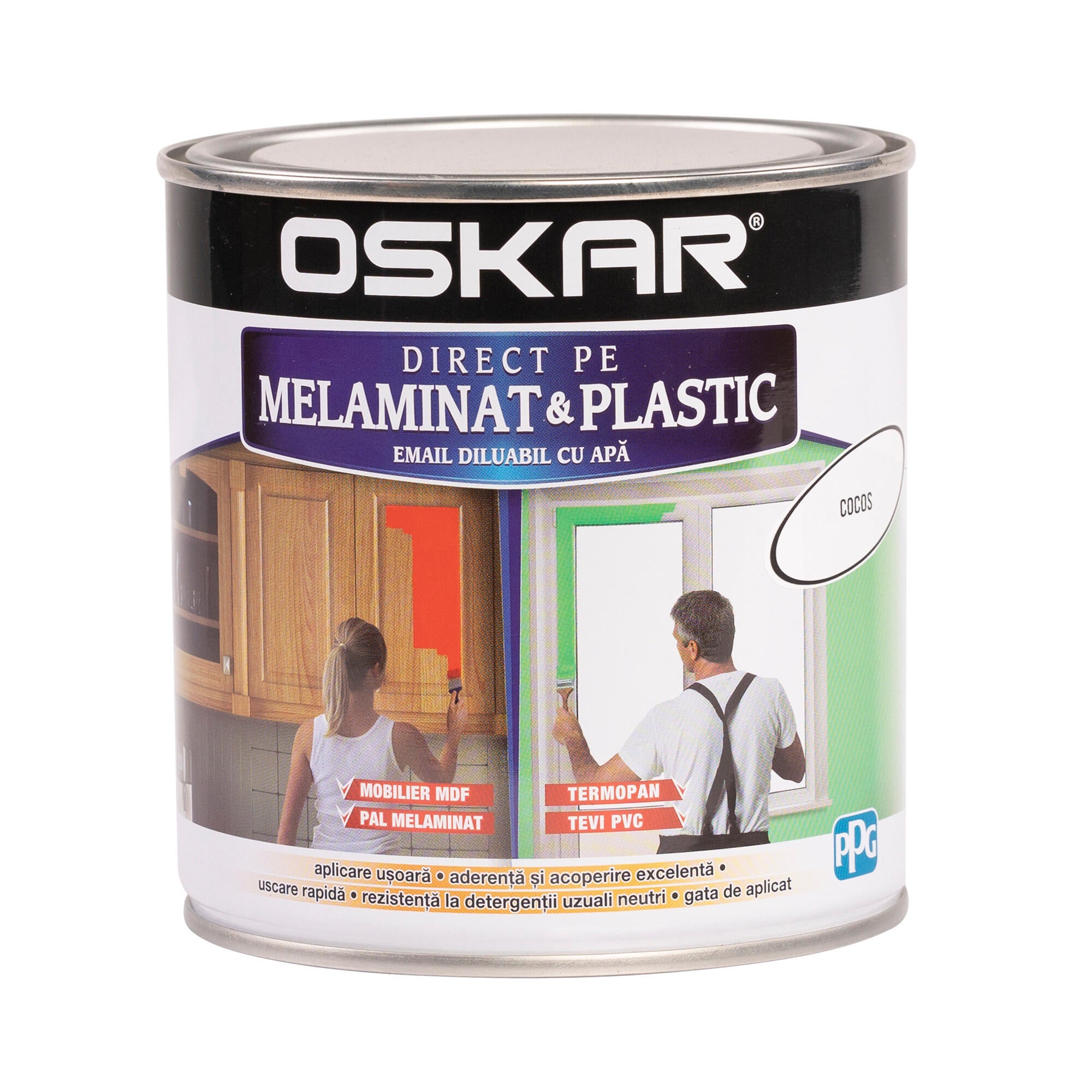 Email pe baza de apa Oskar Direct pe Melaminat si Plastic, nuca de cocos, aspect satinat, 0.6 L