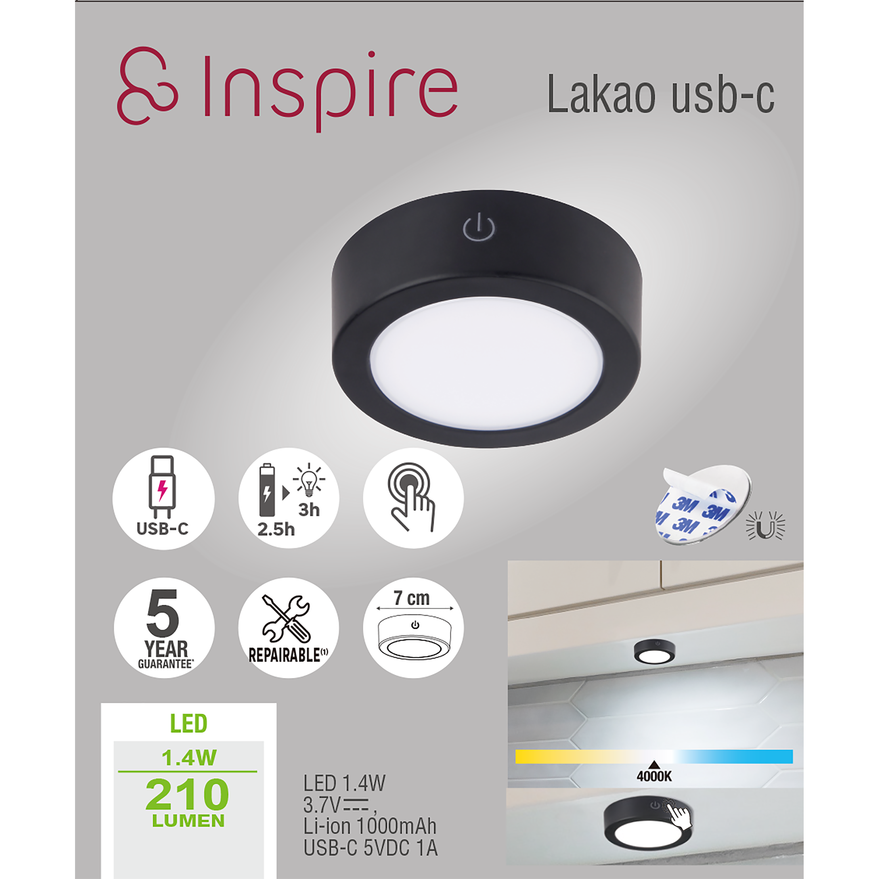Spot LED Lakao, rechargeable USBC, D.7 cm 210 lumens blanc neutre, INSPIRE noir - 4